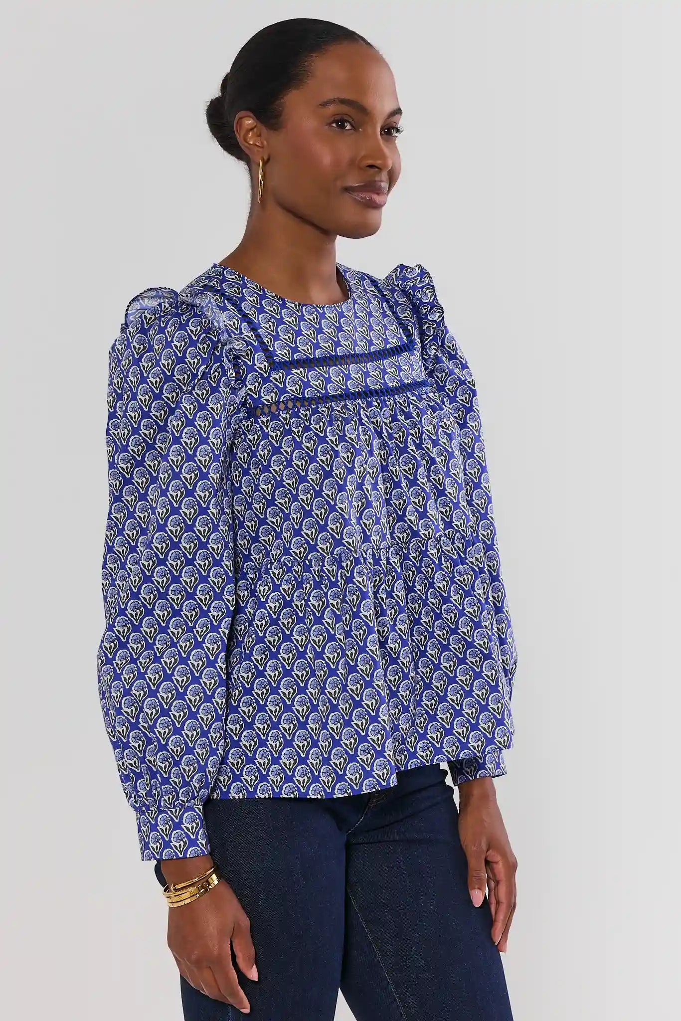 Gemma Blue Floral Ruffle Detail Top