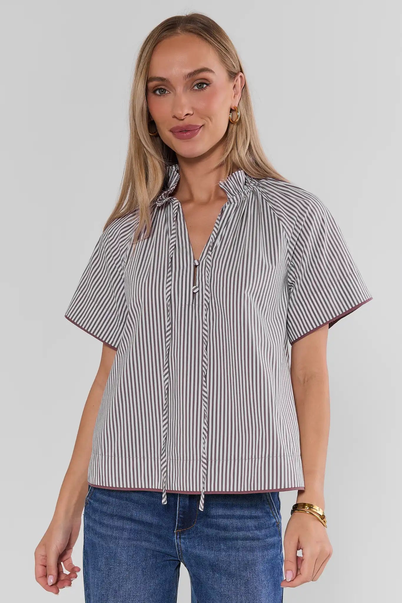 Mocha Striped Split Neck Top