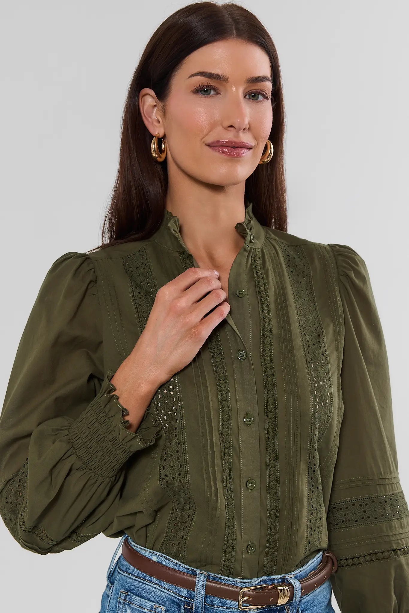 Green Lace Detail Button Up Top