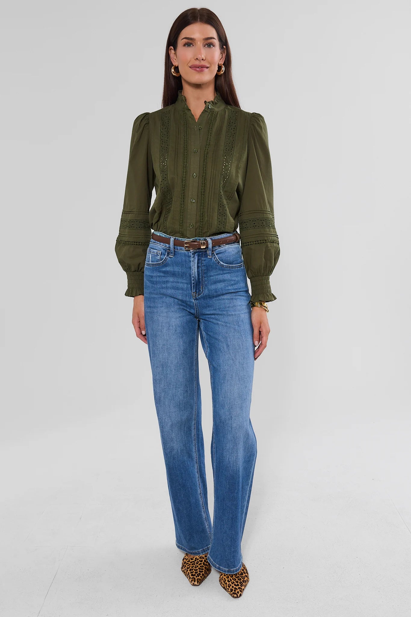 Green Lace Detail Button Up Top