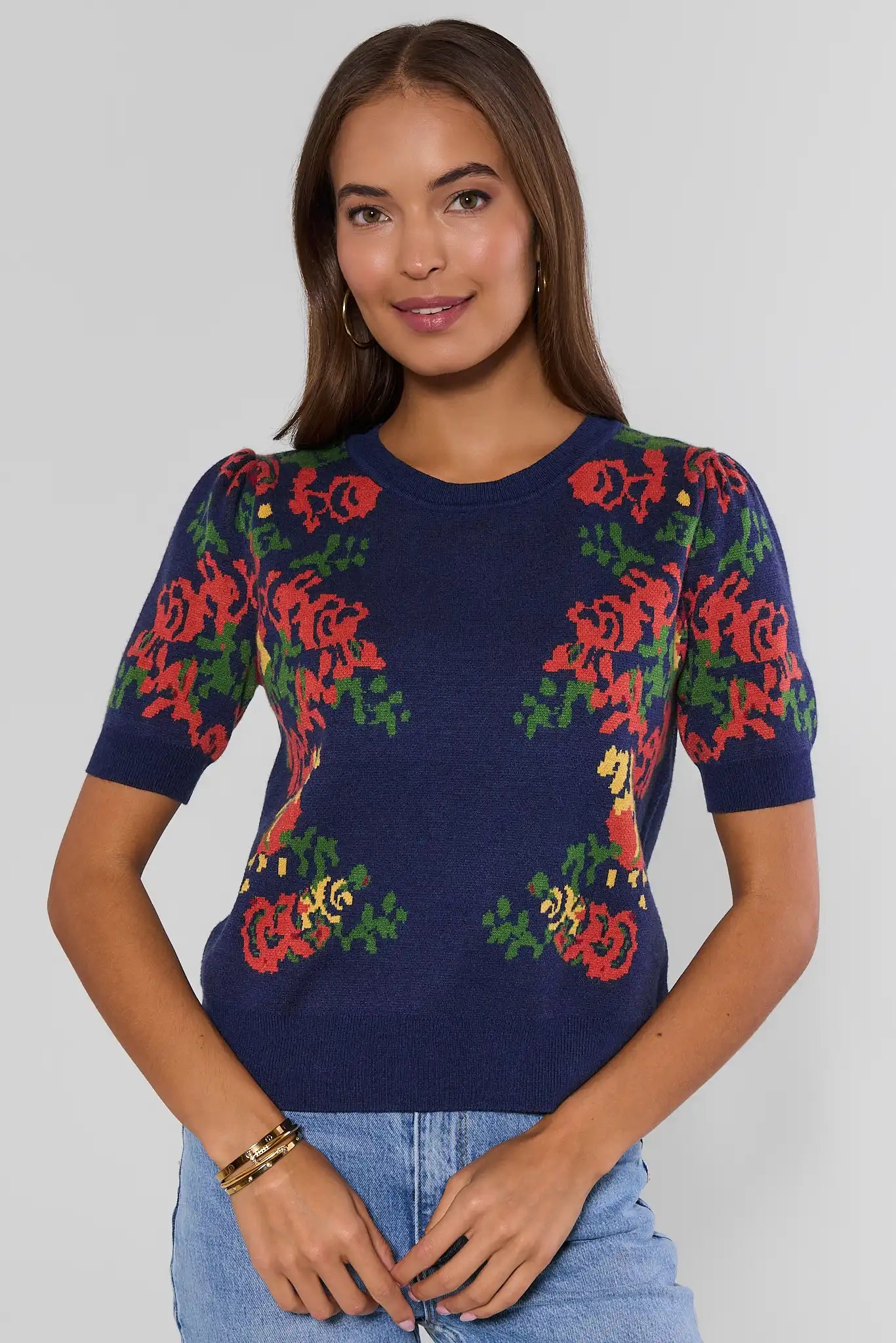 Navy Floral Detail Knit Top