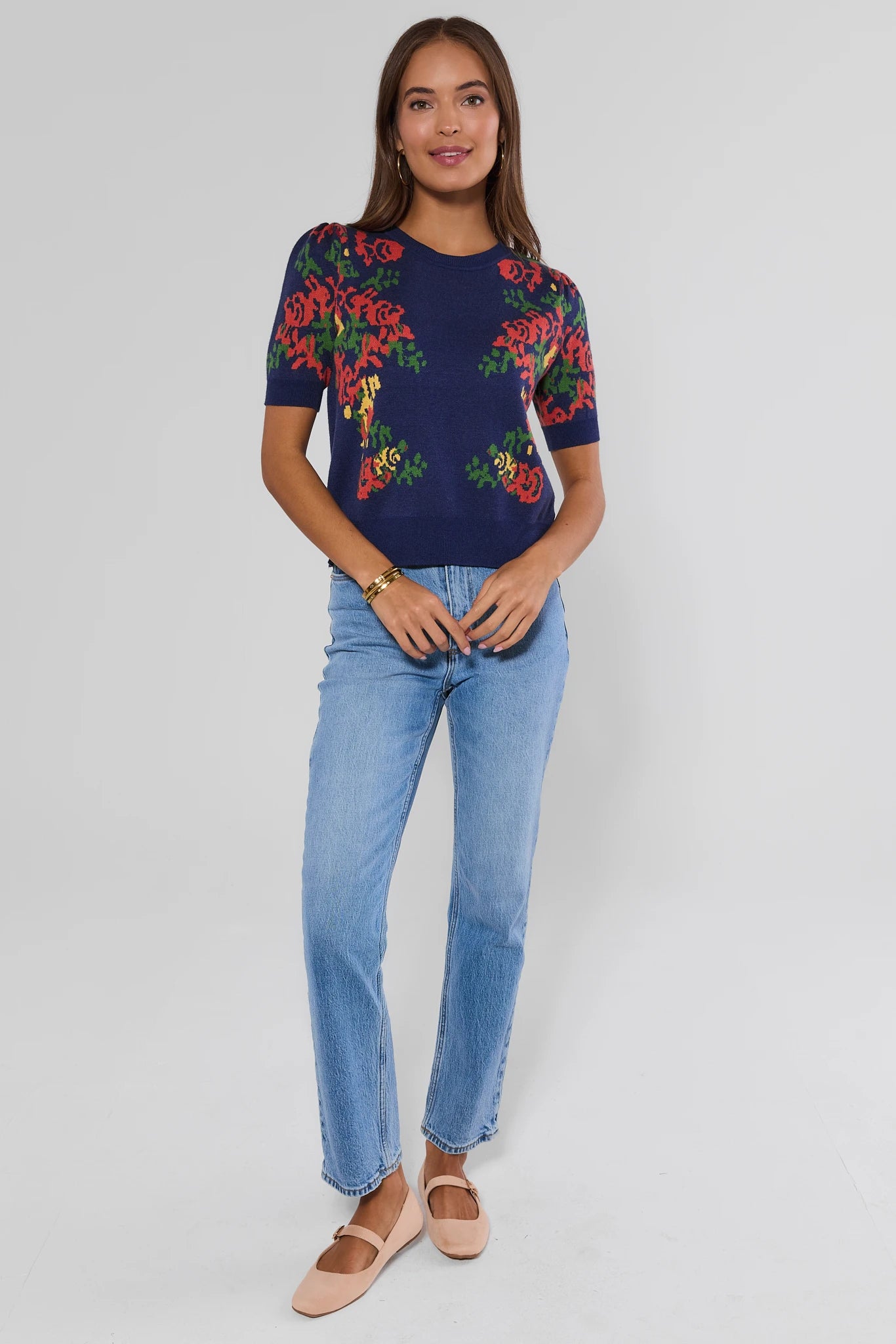 Navy Floral Detail Knit Top