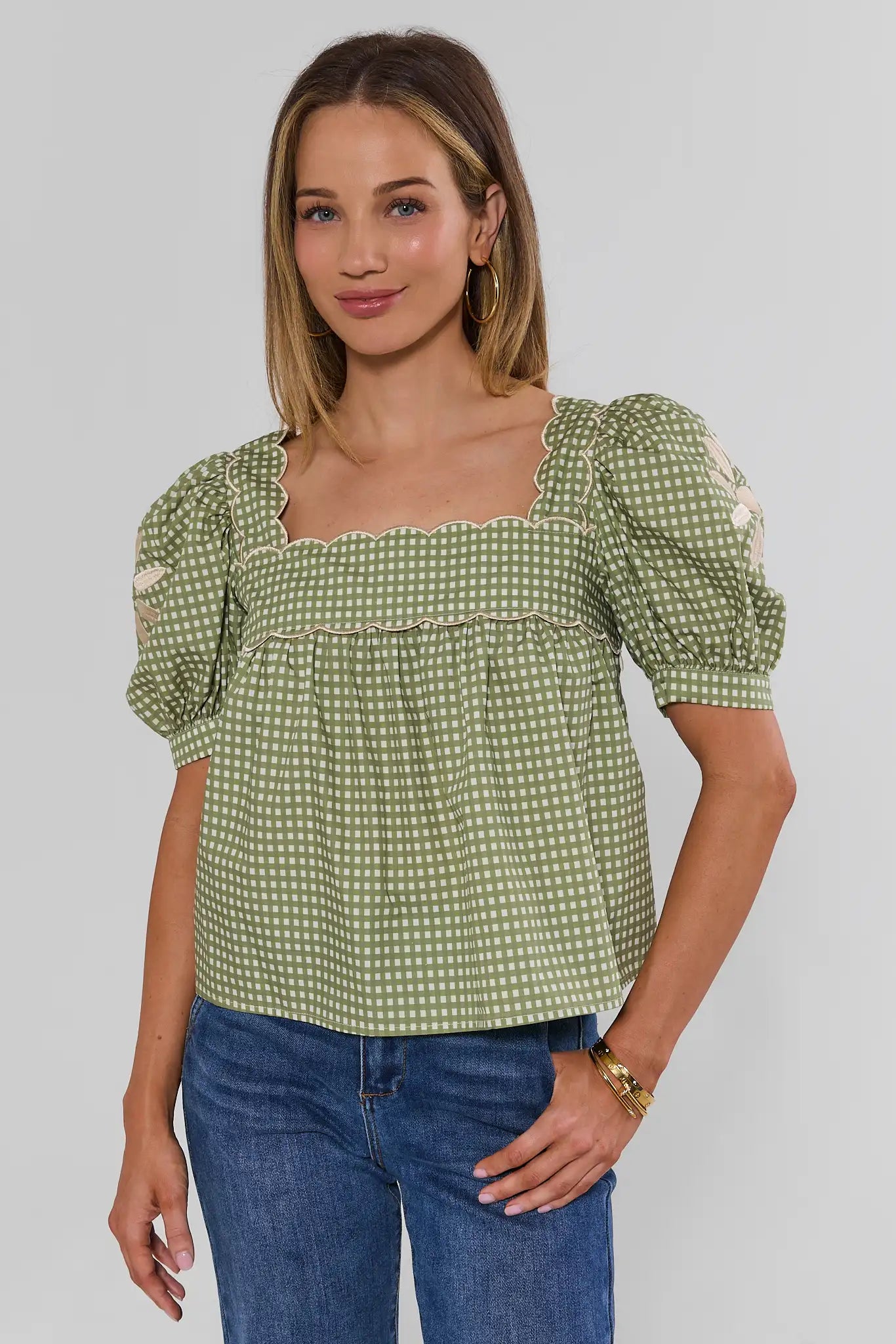 Green Gingham Square Neck Top