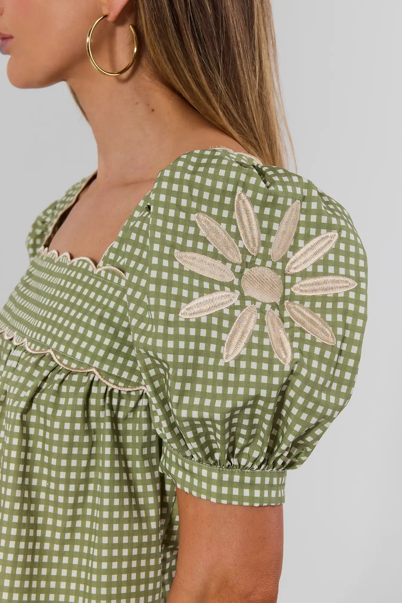 Green Gingham Square Neck Top