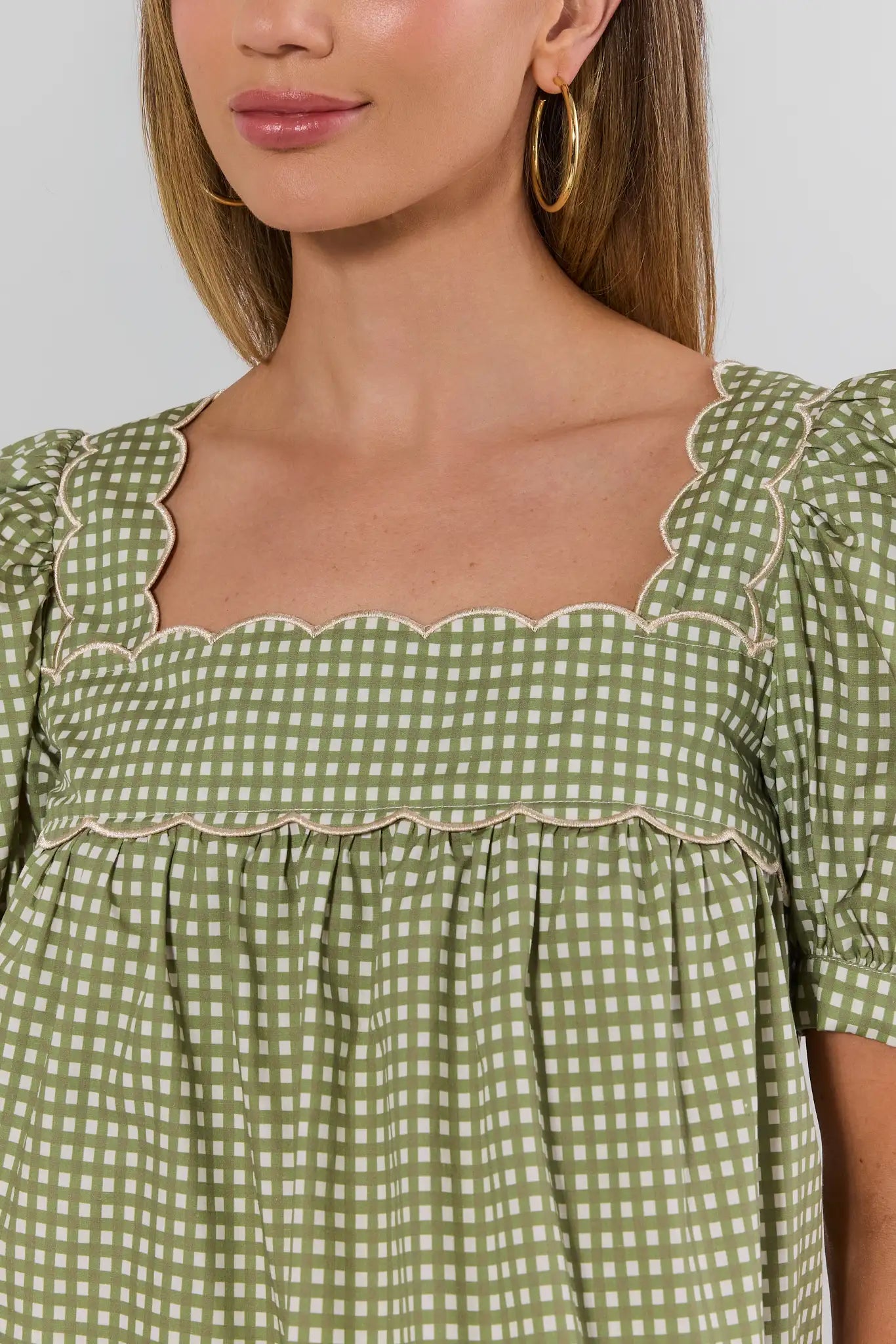 Green Gingham Square Neck Top