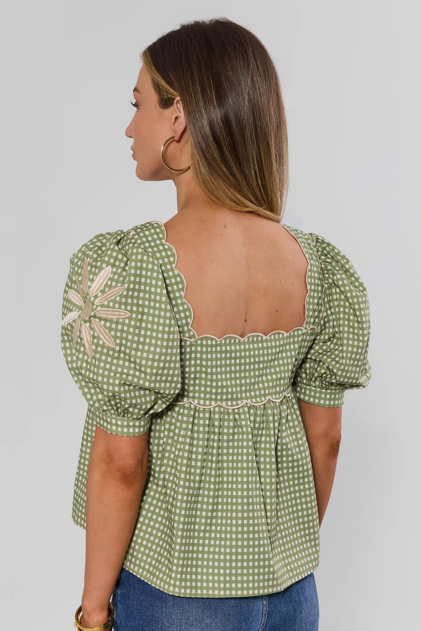 Green Gingham Square Neck Top