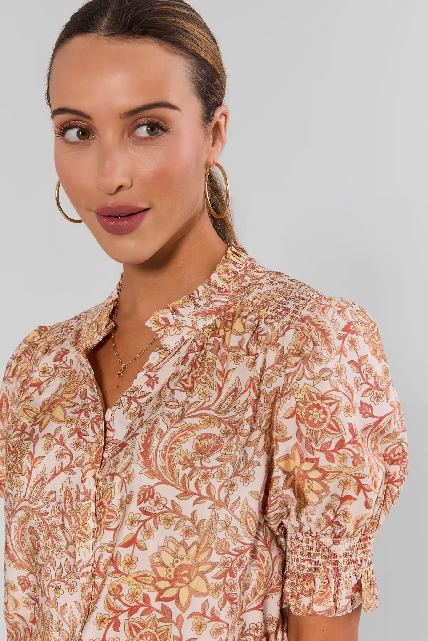 Cream Floral Printed Button Up Top