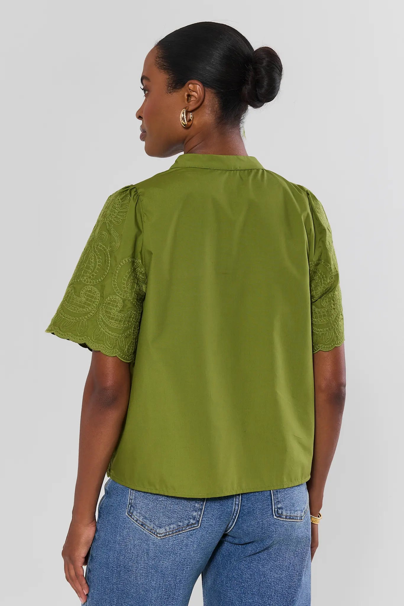 Green Embroidered Split Neck Top