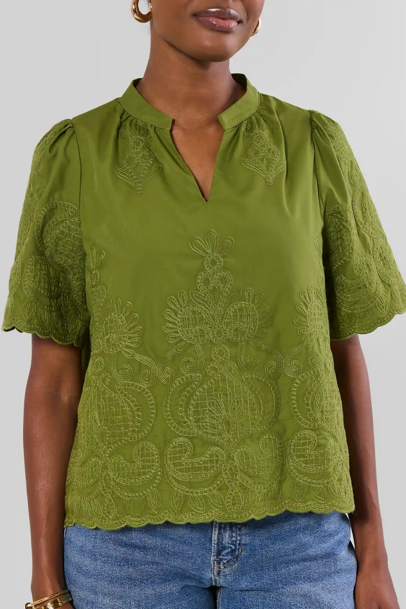 Green Embroidered Split Neck Top