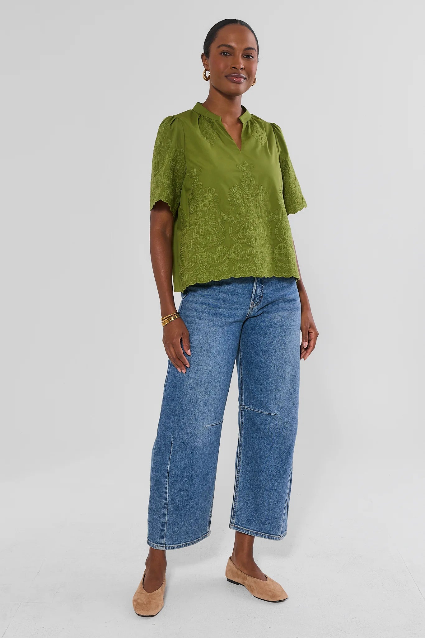 Green Embroidered Split Neck Top