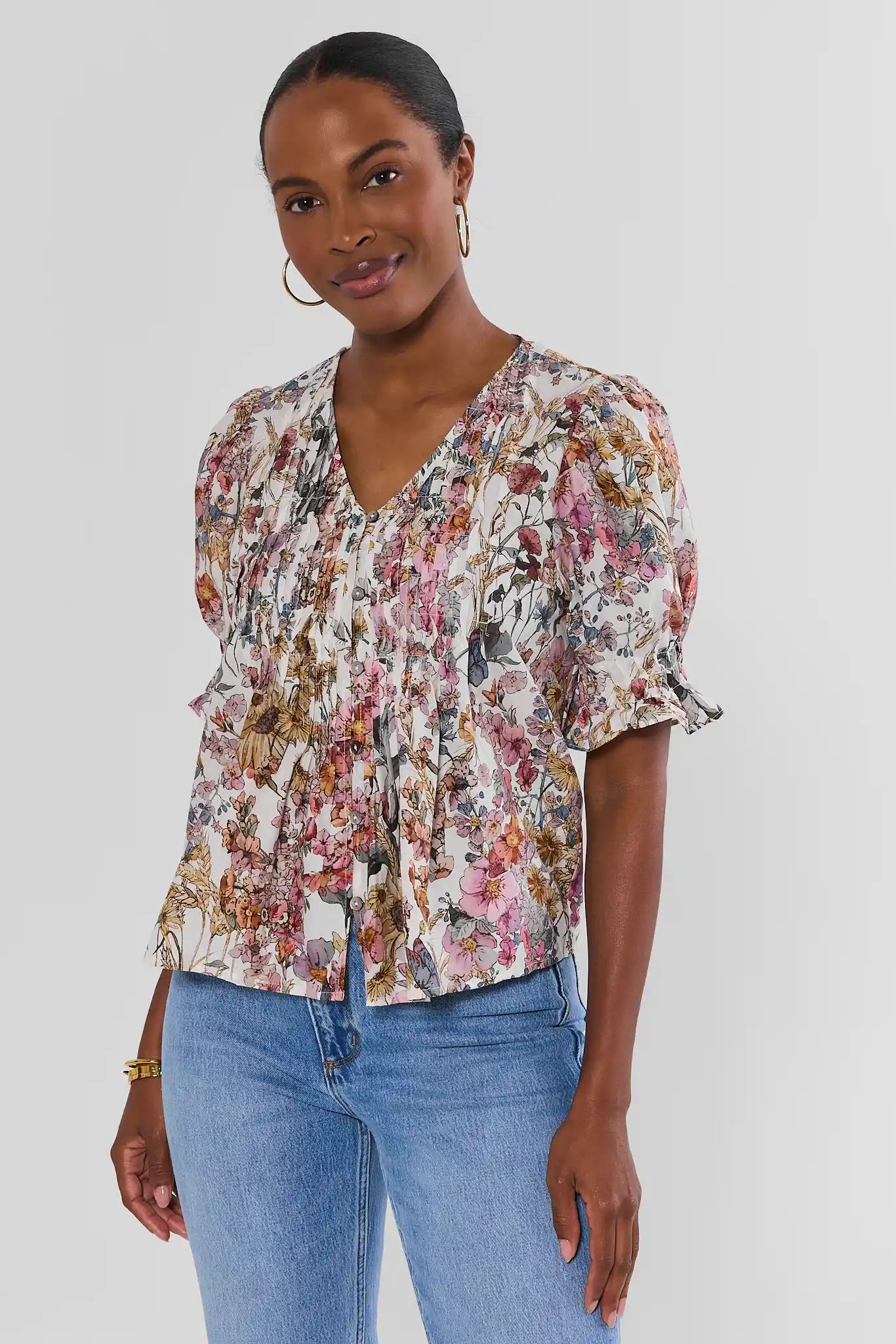 Mallory White Floral Pleated Top