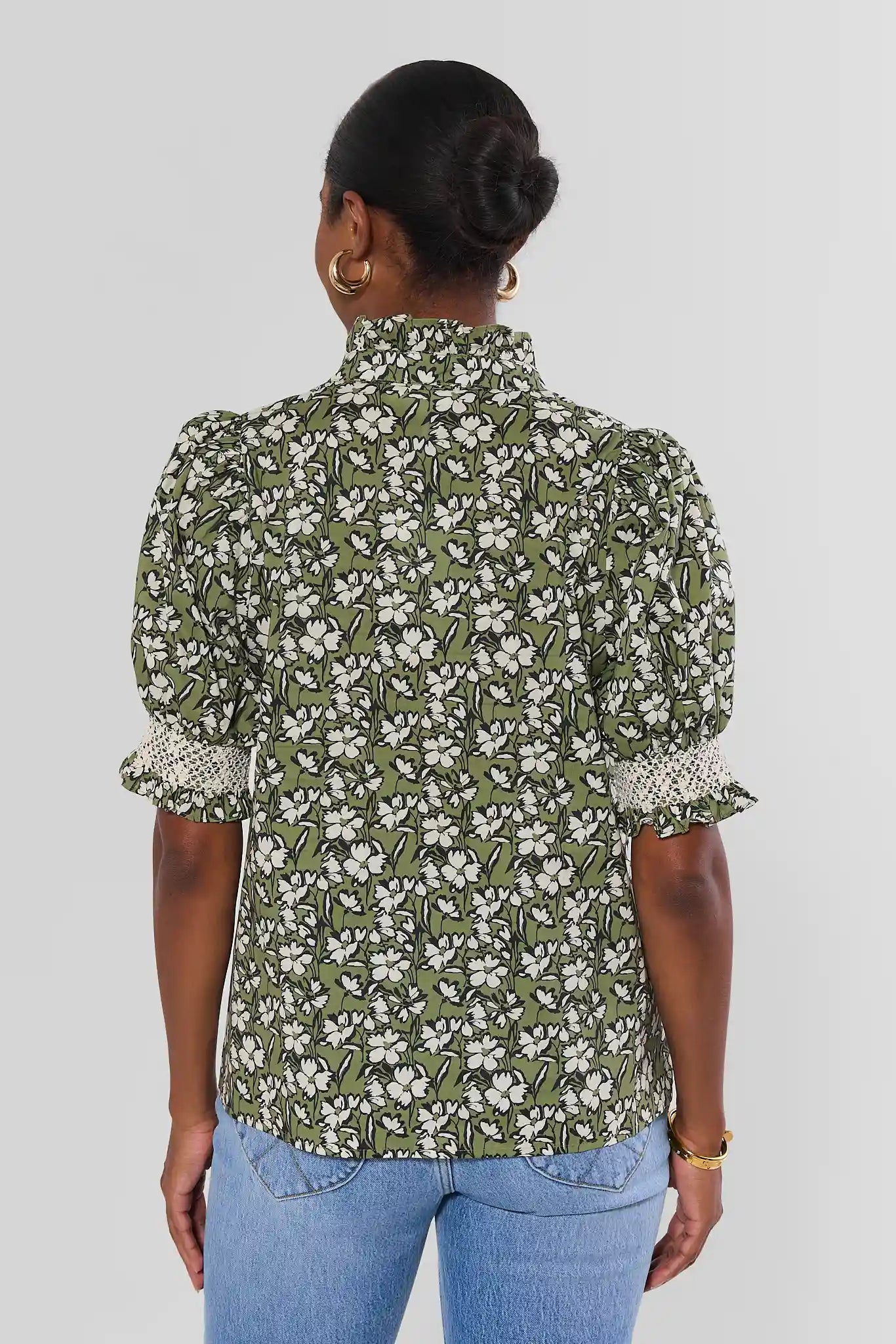 Green Floral Printed Ruffle Collar Top