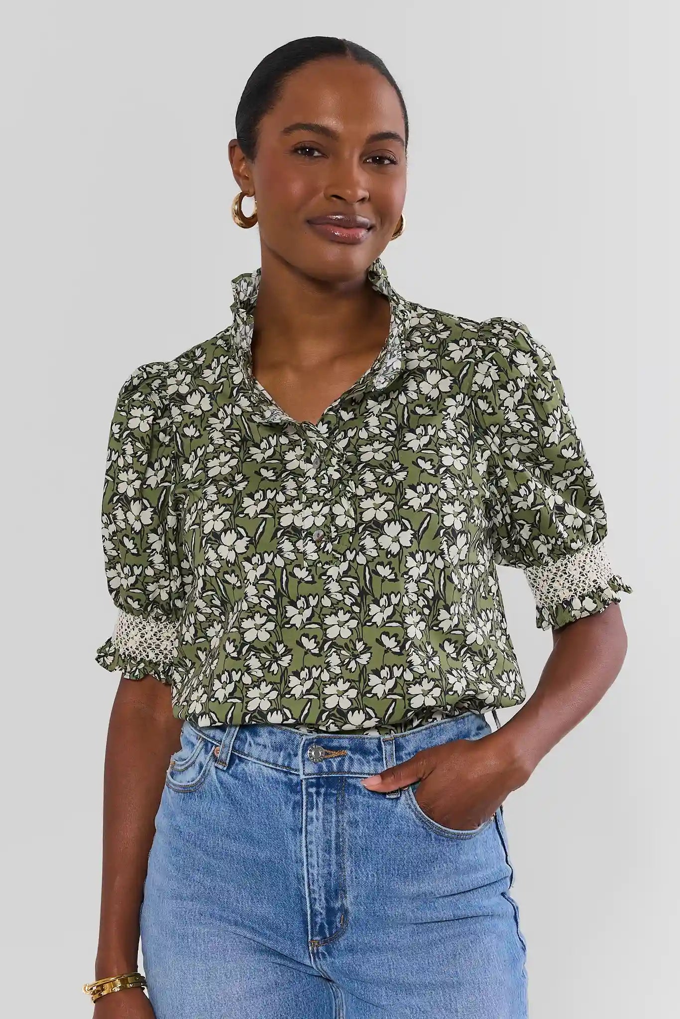 Green Floral Printed Ruffle Collar Top