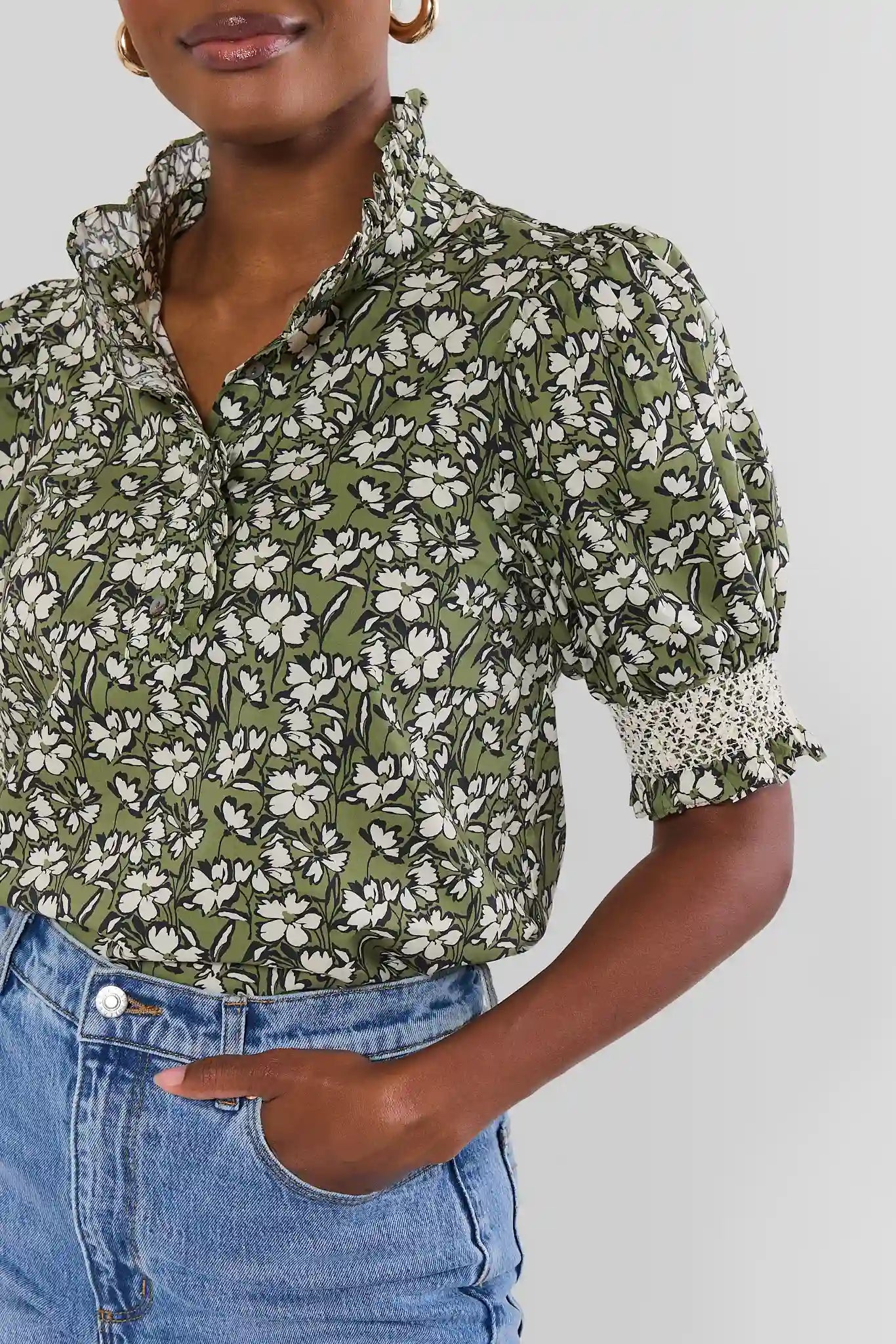 Green Floral Printed Ruffle Collar Top