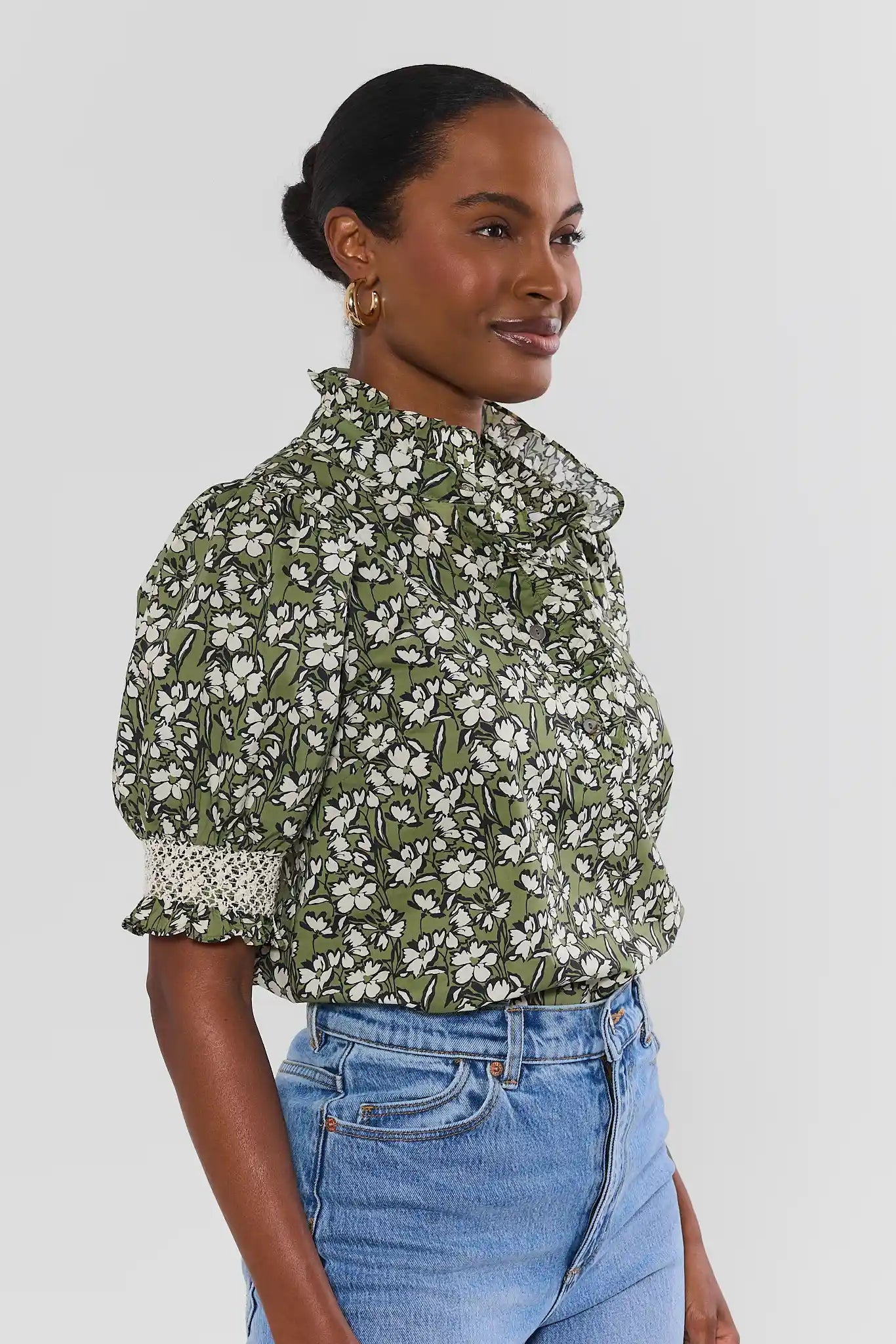 Green Floral Printed Ruffle Collar Top