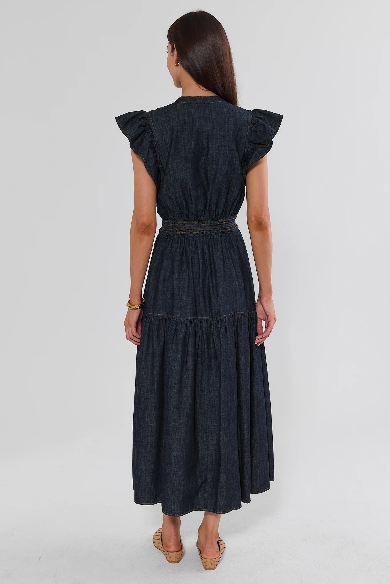 Dark Wash Split Neck Midi Dress