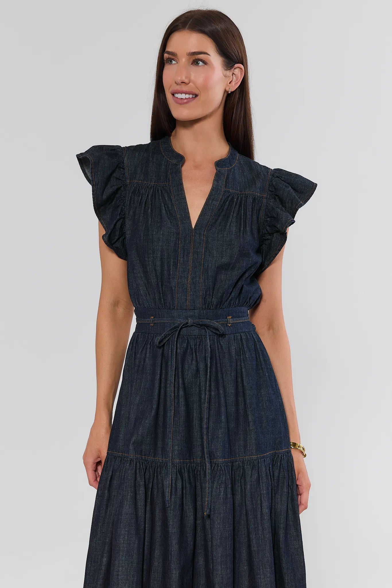 Dark Wash Split Neck Midi Dress