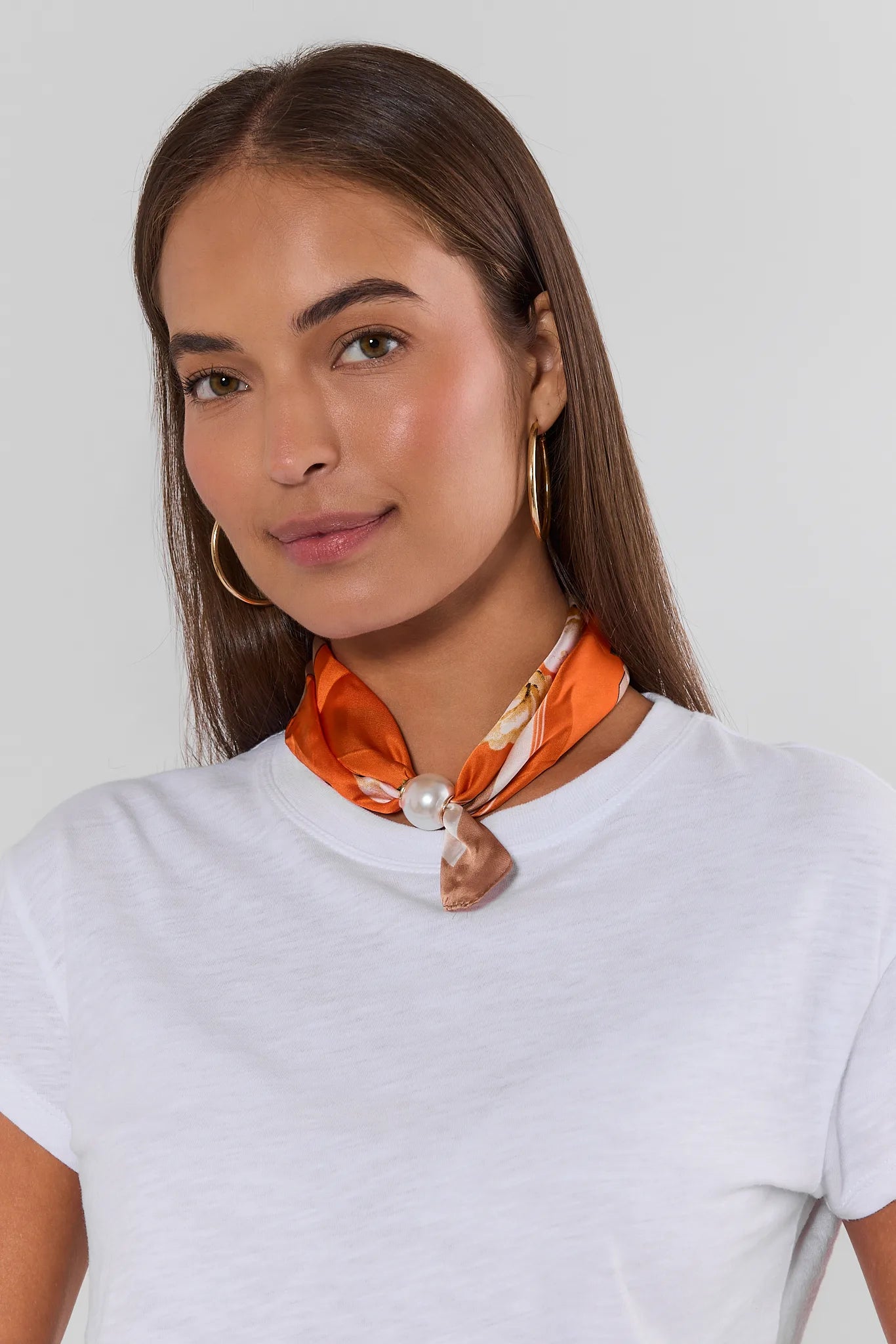 Orange Floral Print Magnetic Pearl Scarf