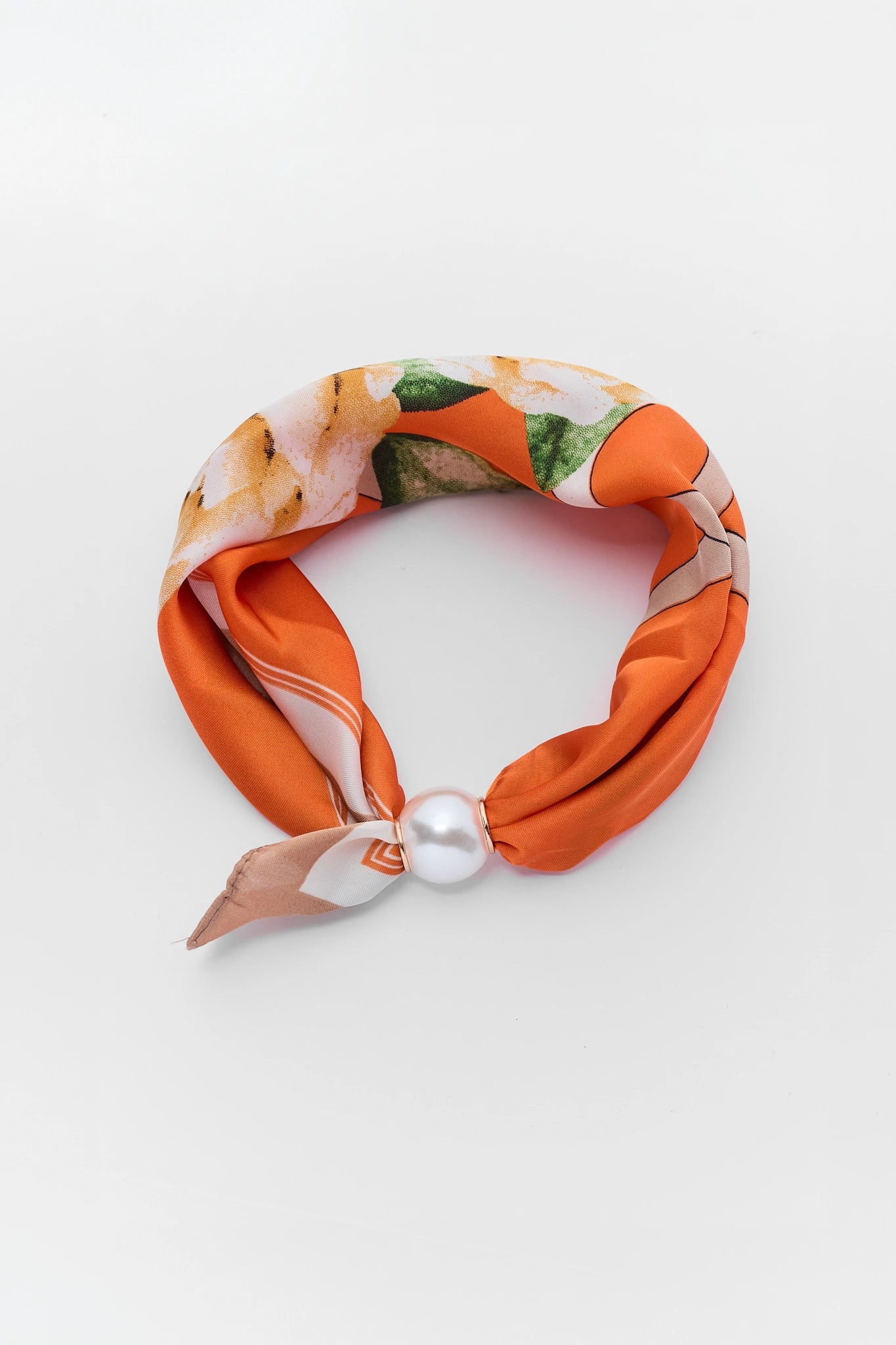 Orange Floral Print Magnetic Pearl Scarf