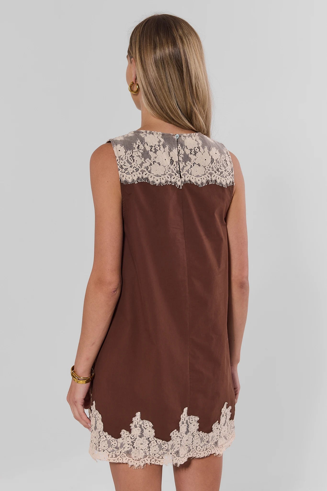 Brown Lace Trim Short Dress
