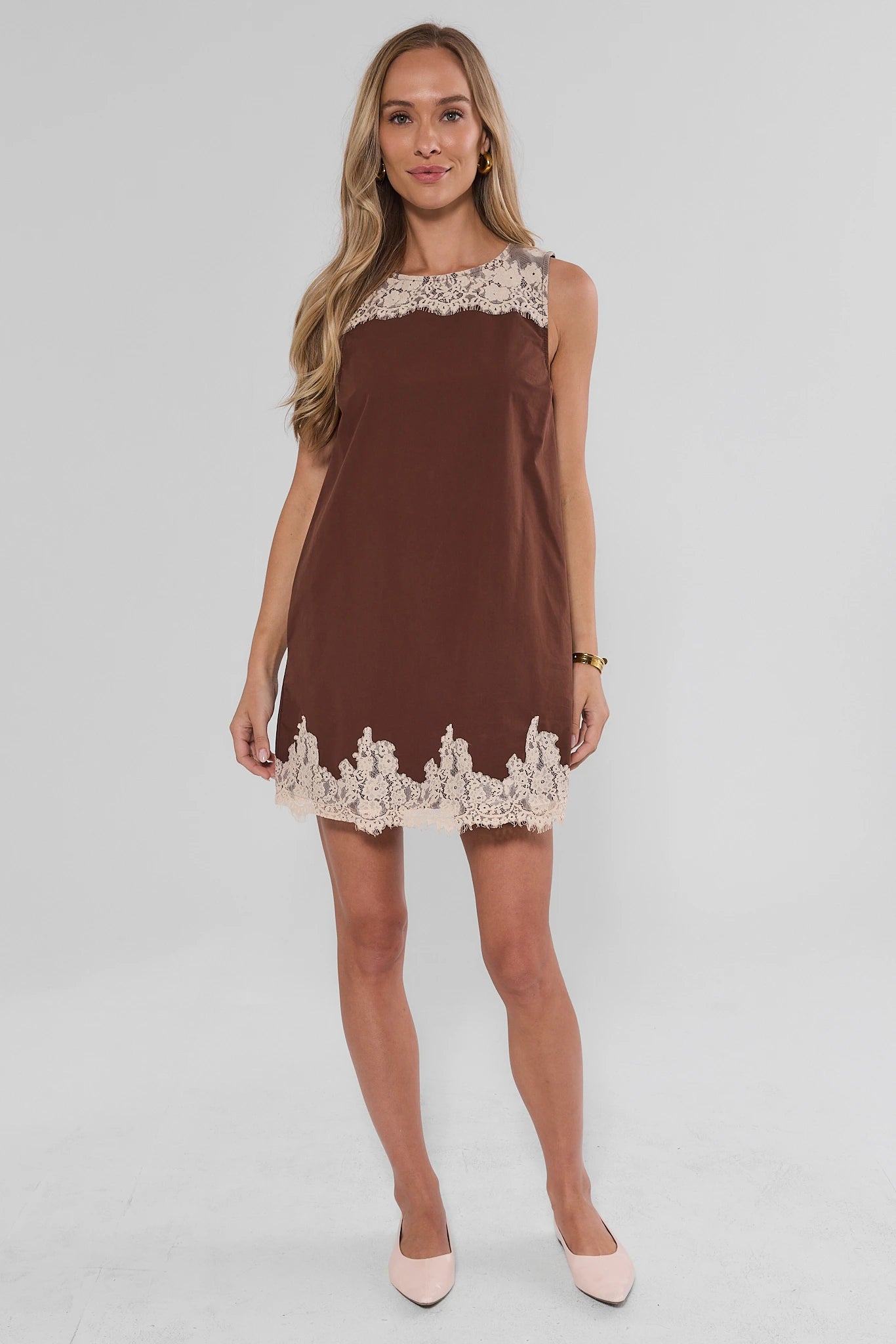Brown Lace Trim Short Dress