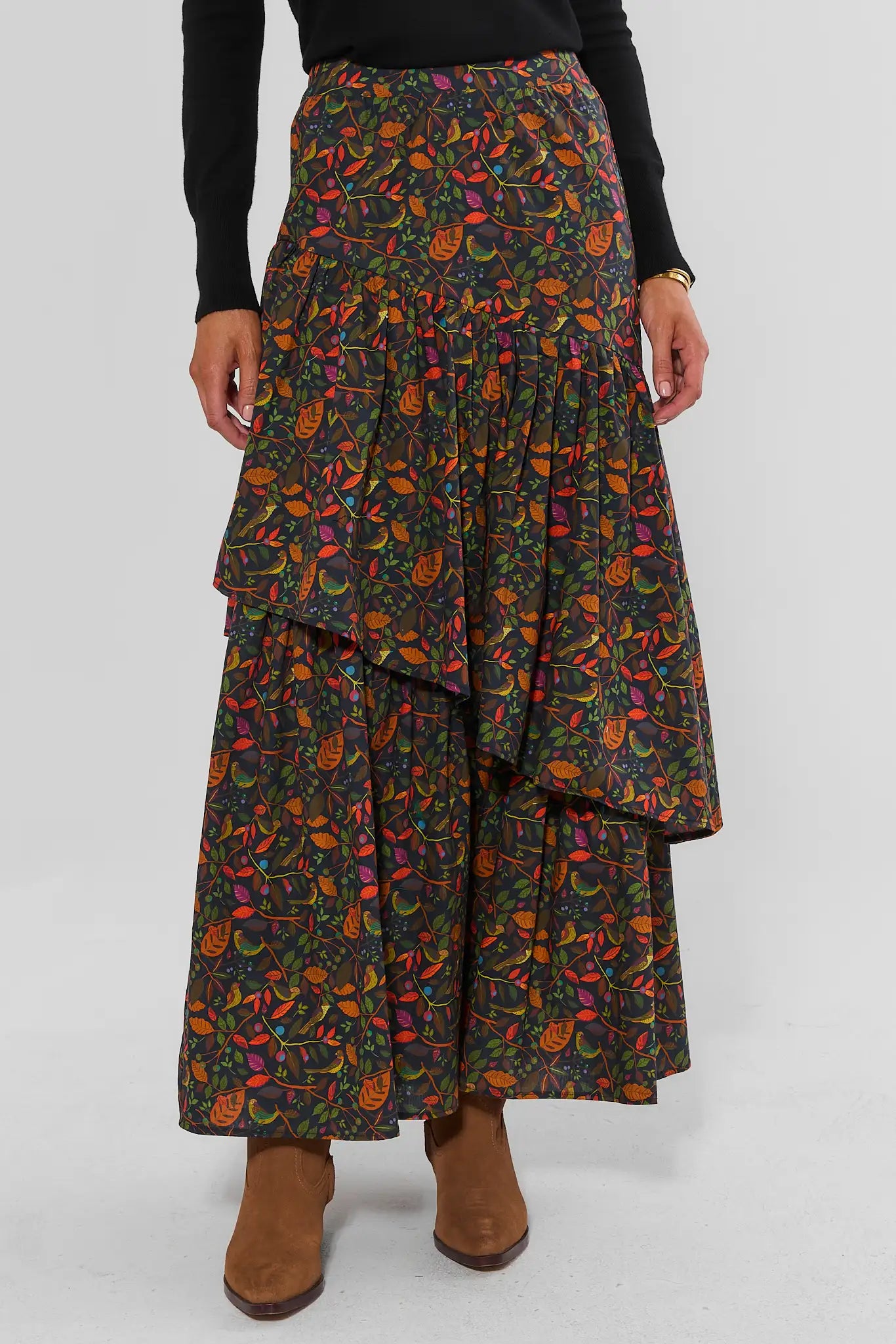Multi Floral Tiered Maxi Skirt Front View, Asymmetric Ruffle Hem | Avara