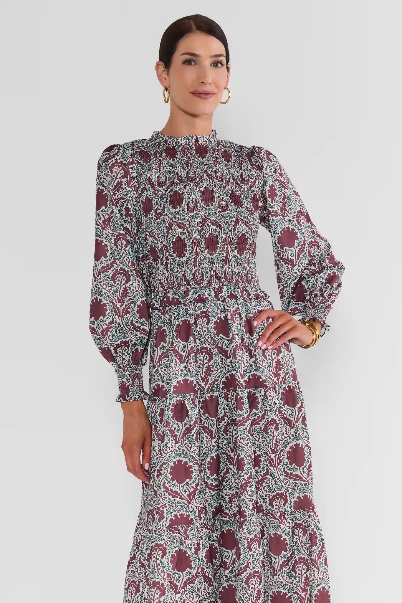 Lyles Brown Smocked Midi Dress