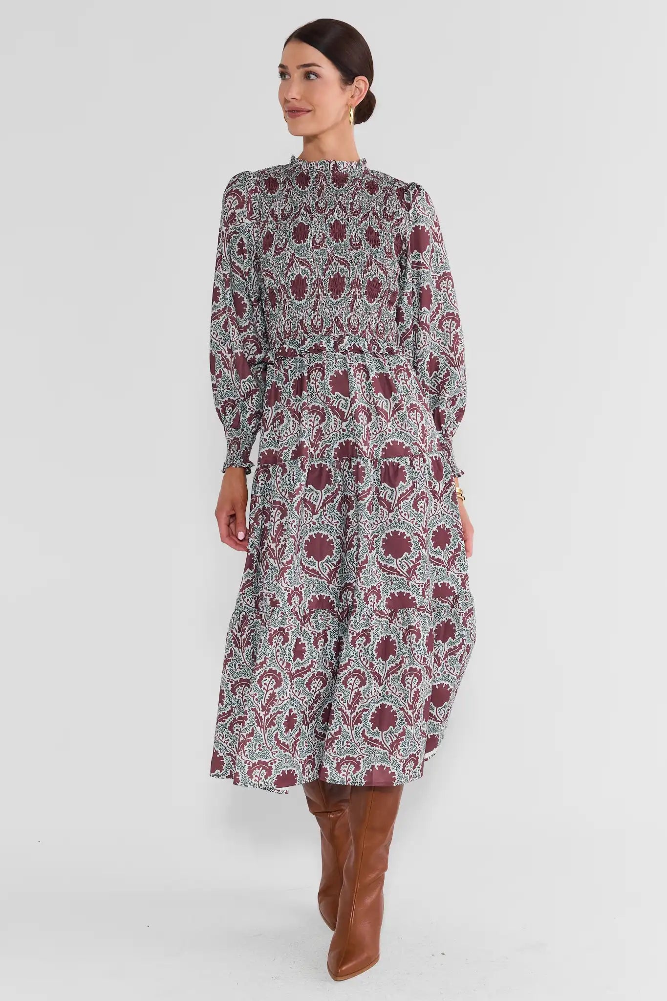 Lyles Brown Smocked Midi Dress