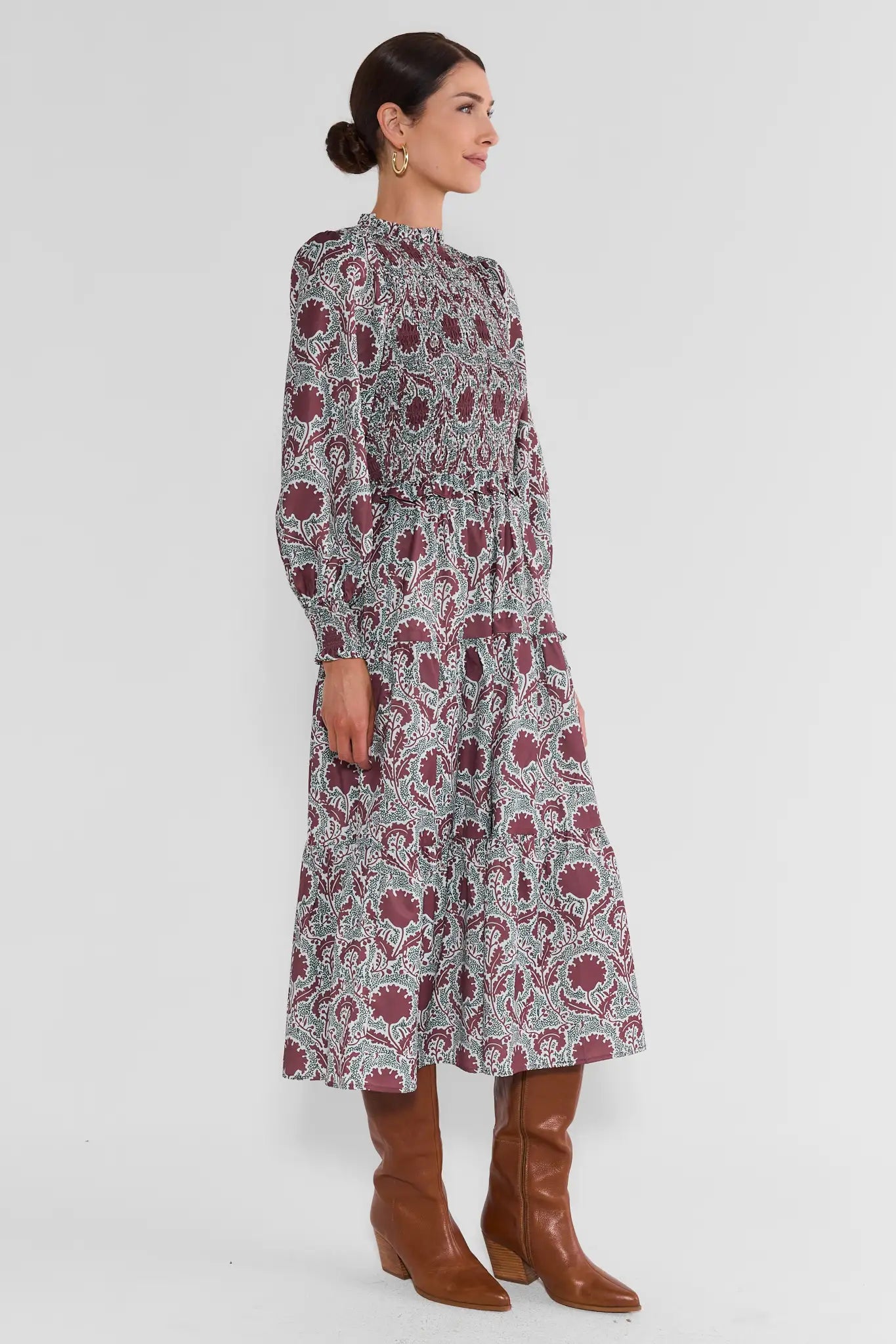 Lyles Brown Smocked Midi Dress