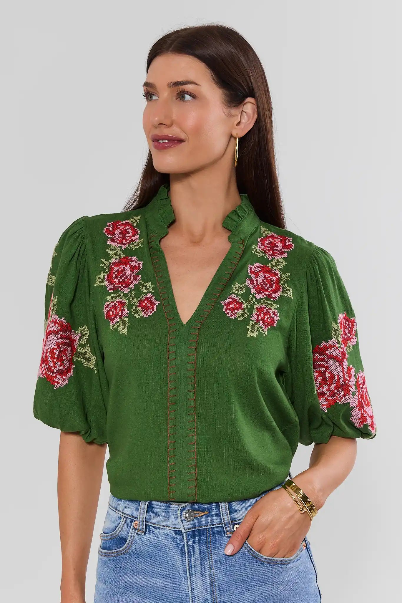 Green Embroidered Detail Top by THML