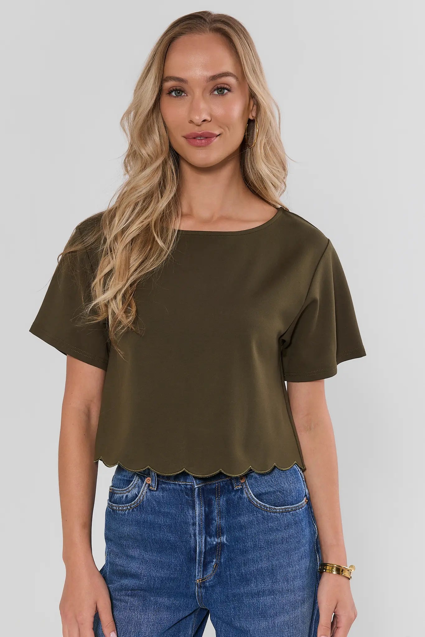 Olive Scalloped Hem Top
