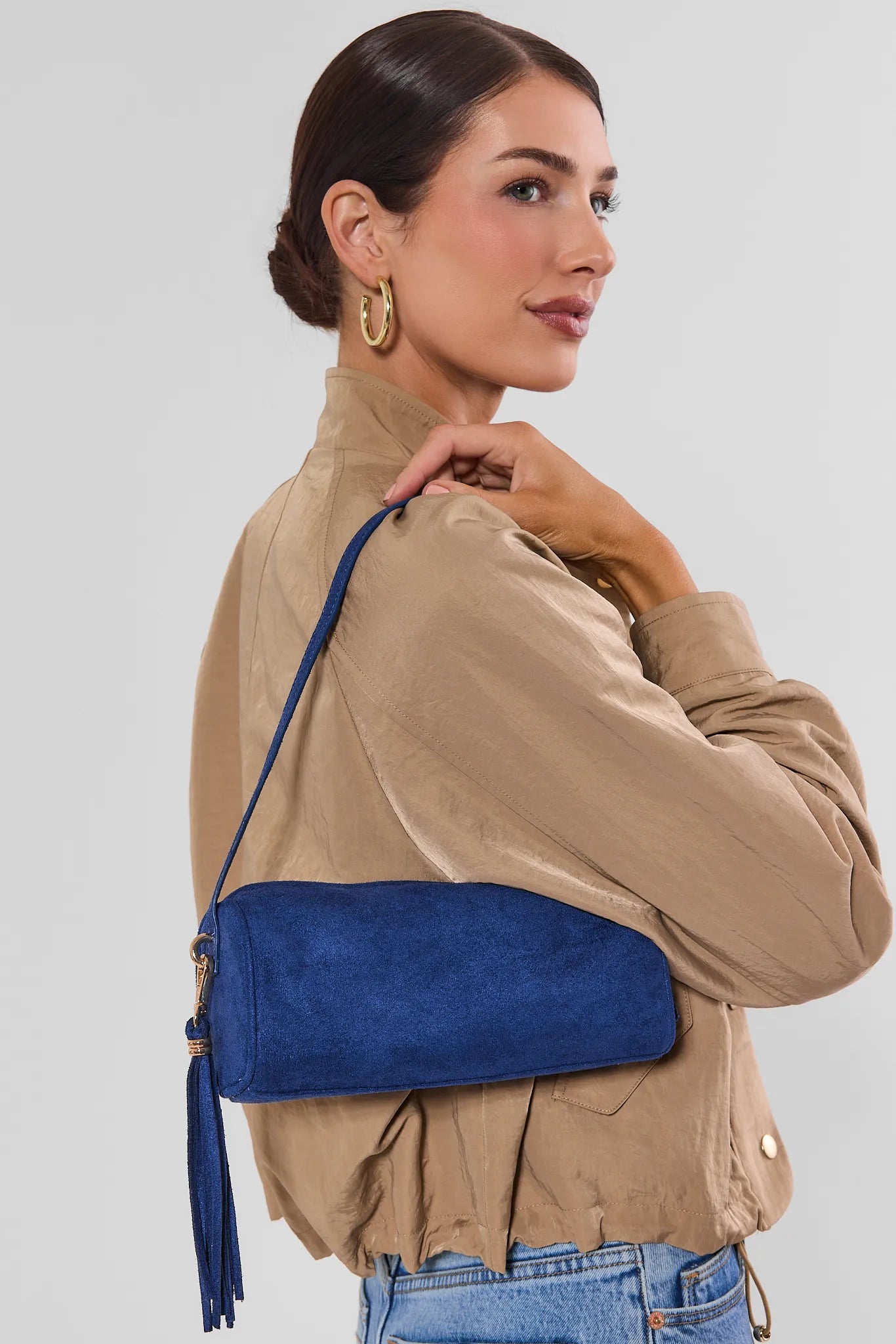 Blue Faux Suede Barrel Bag