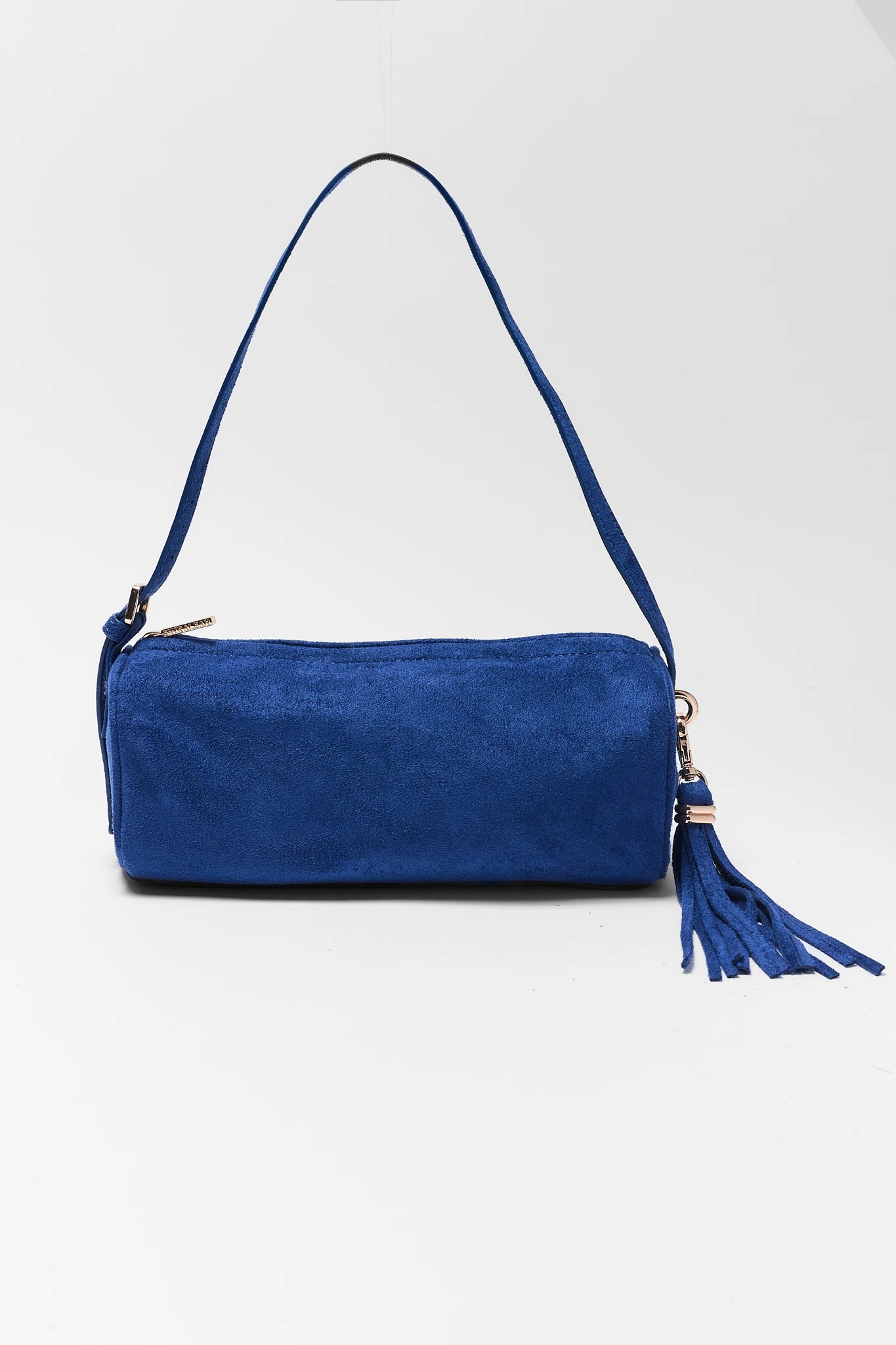 Blue Faux Suede Barrel Bag