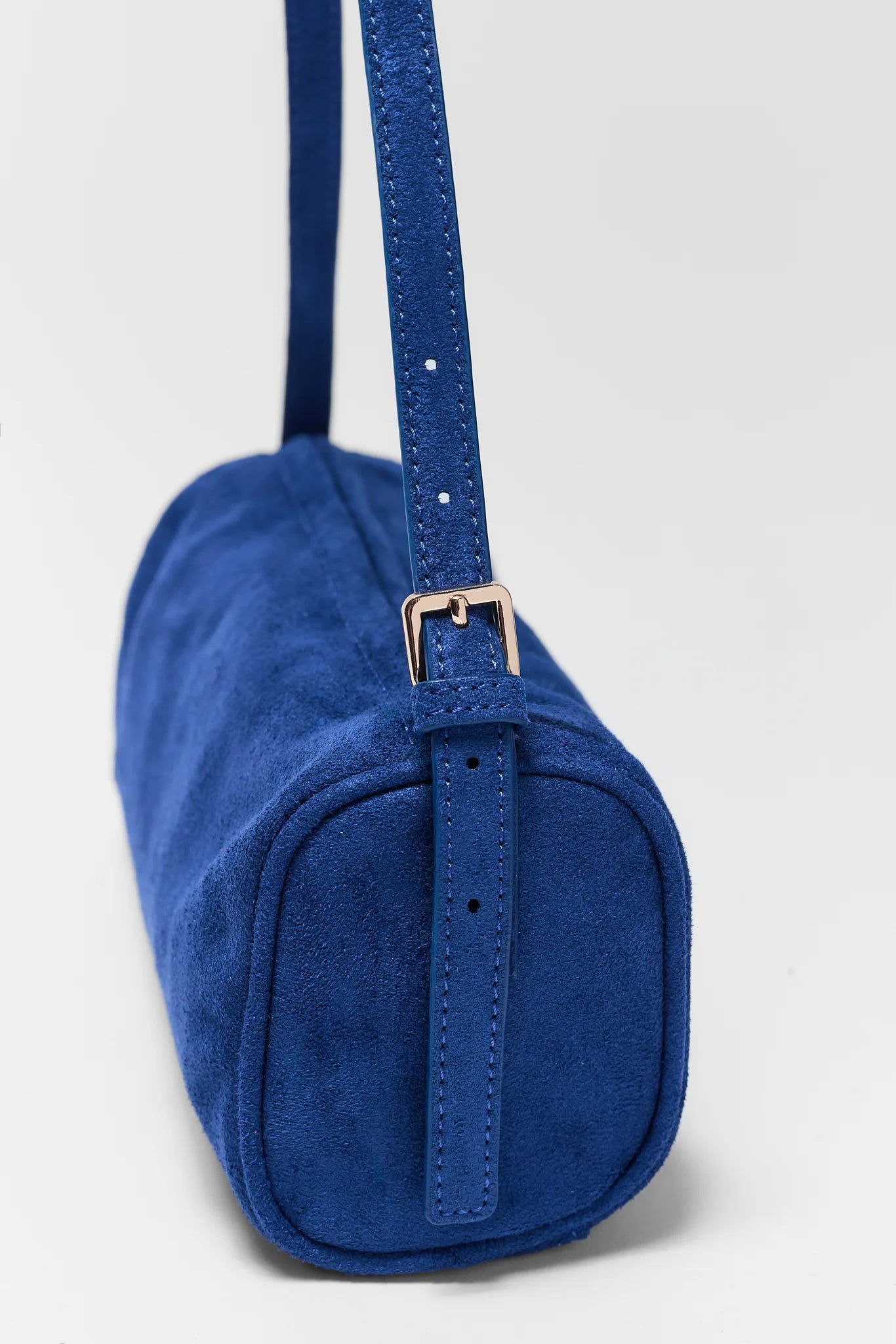 Blue Faux Suede Barrel Bag