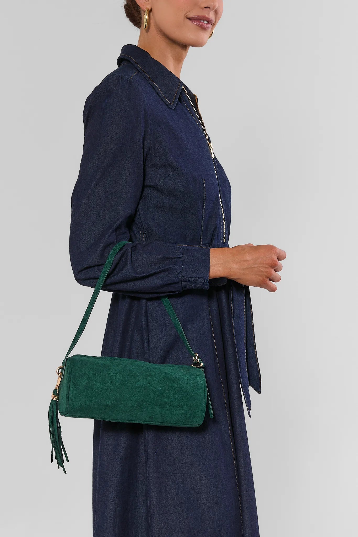 Green Faux Suede Barrel Bag