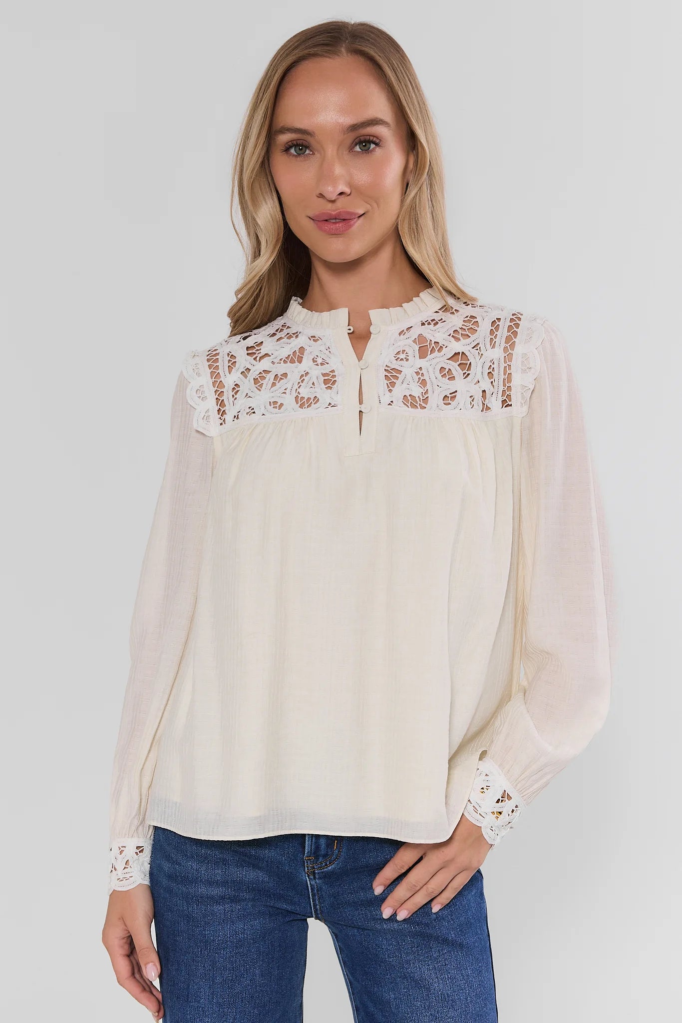 White Eyelet Trim Long Sleeve Top