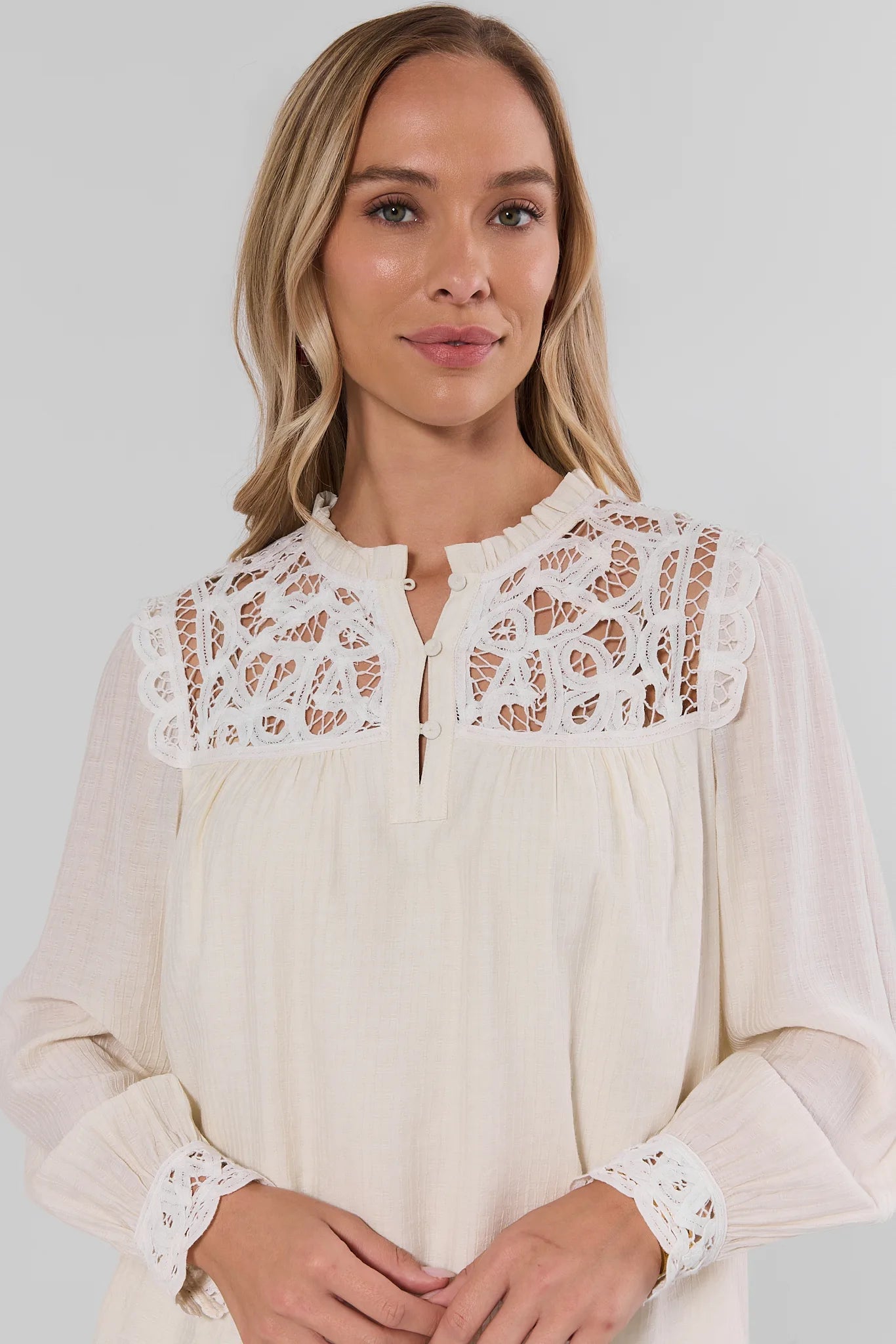 White Eyelet Trim Long Sleeve Top