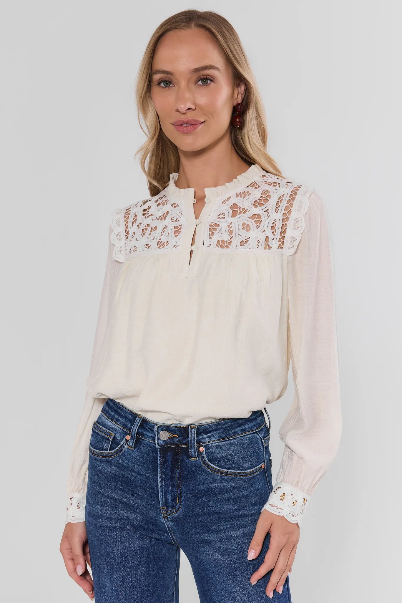 White Eyelet Trim Long Sleeve Top