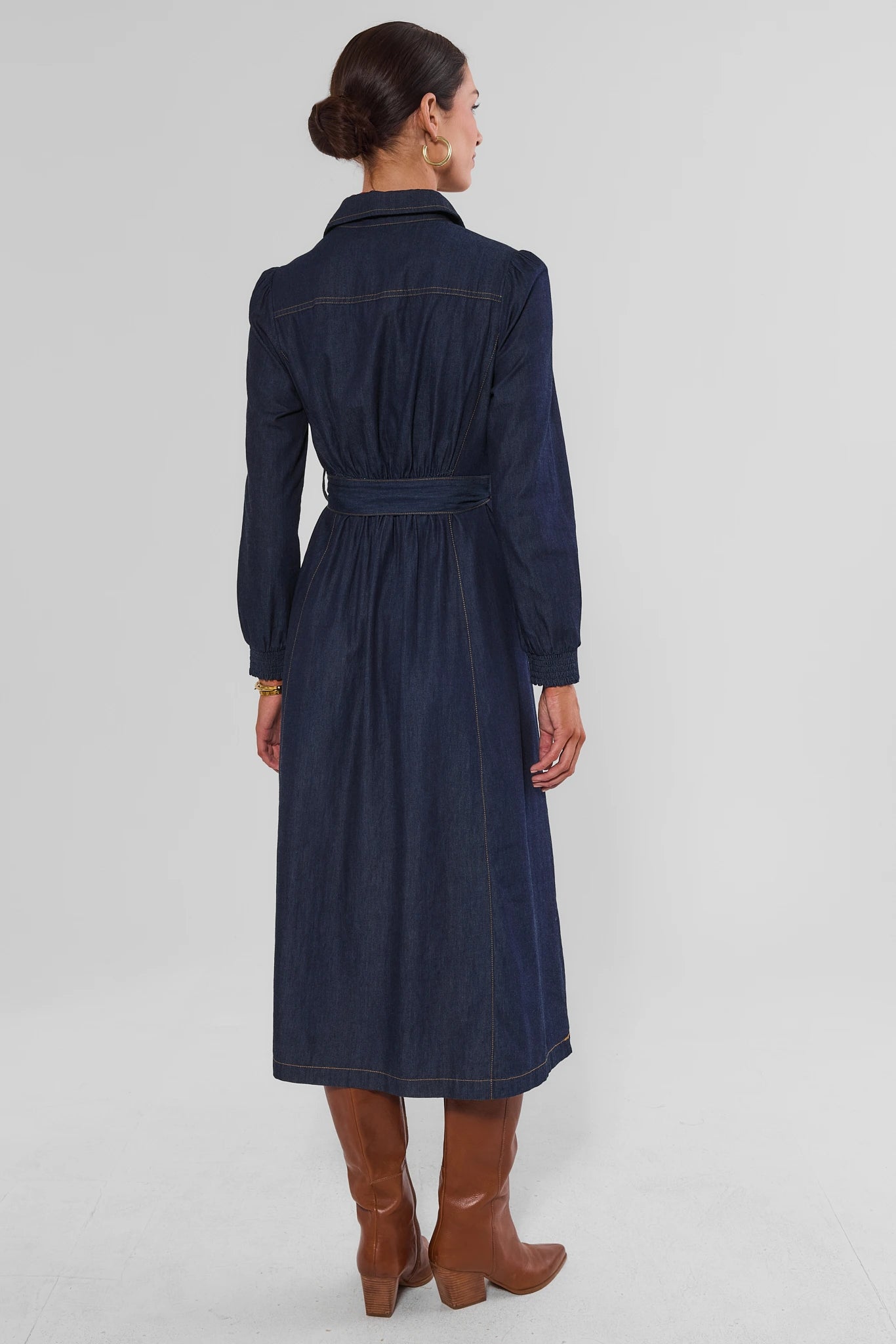 Denim Zip Up Collared Midi Dress