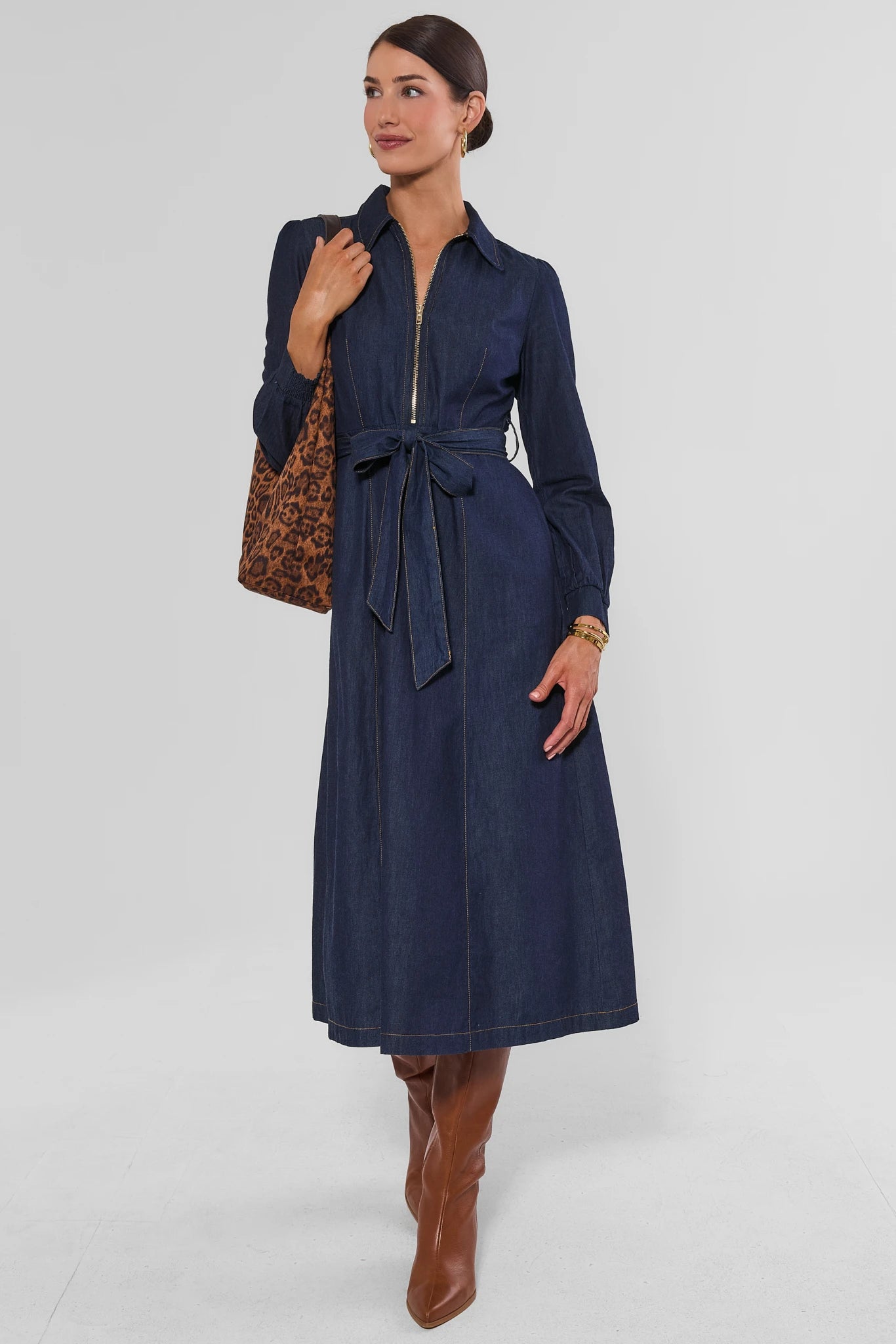 Denim Zip Up Collared Midi Dress