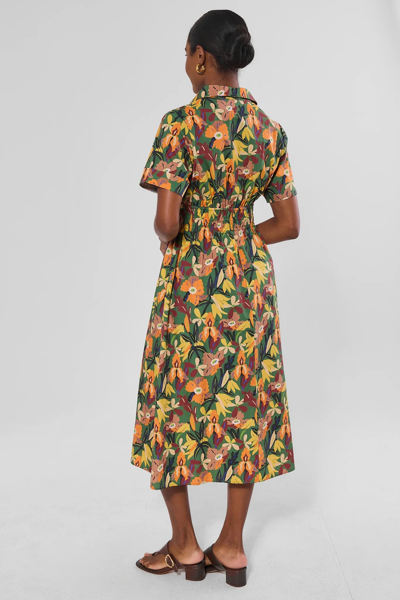 Green Floral Print Collared Midi Dress