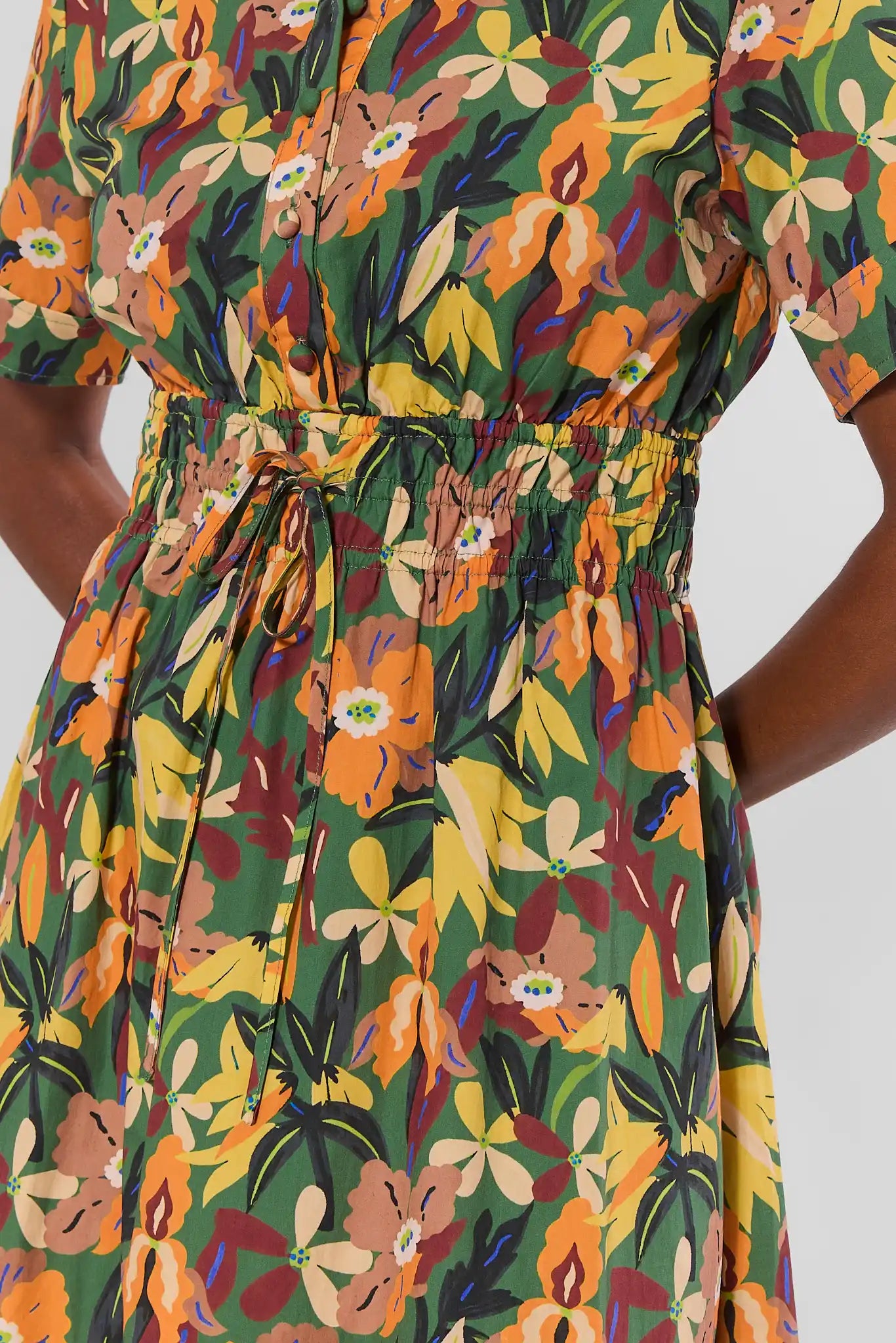 Green Floral Print Collared Midi Dress