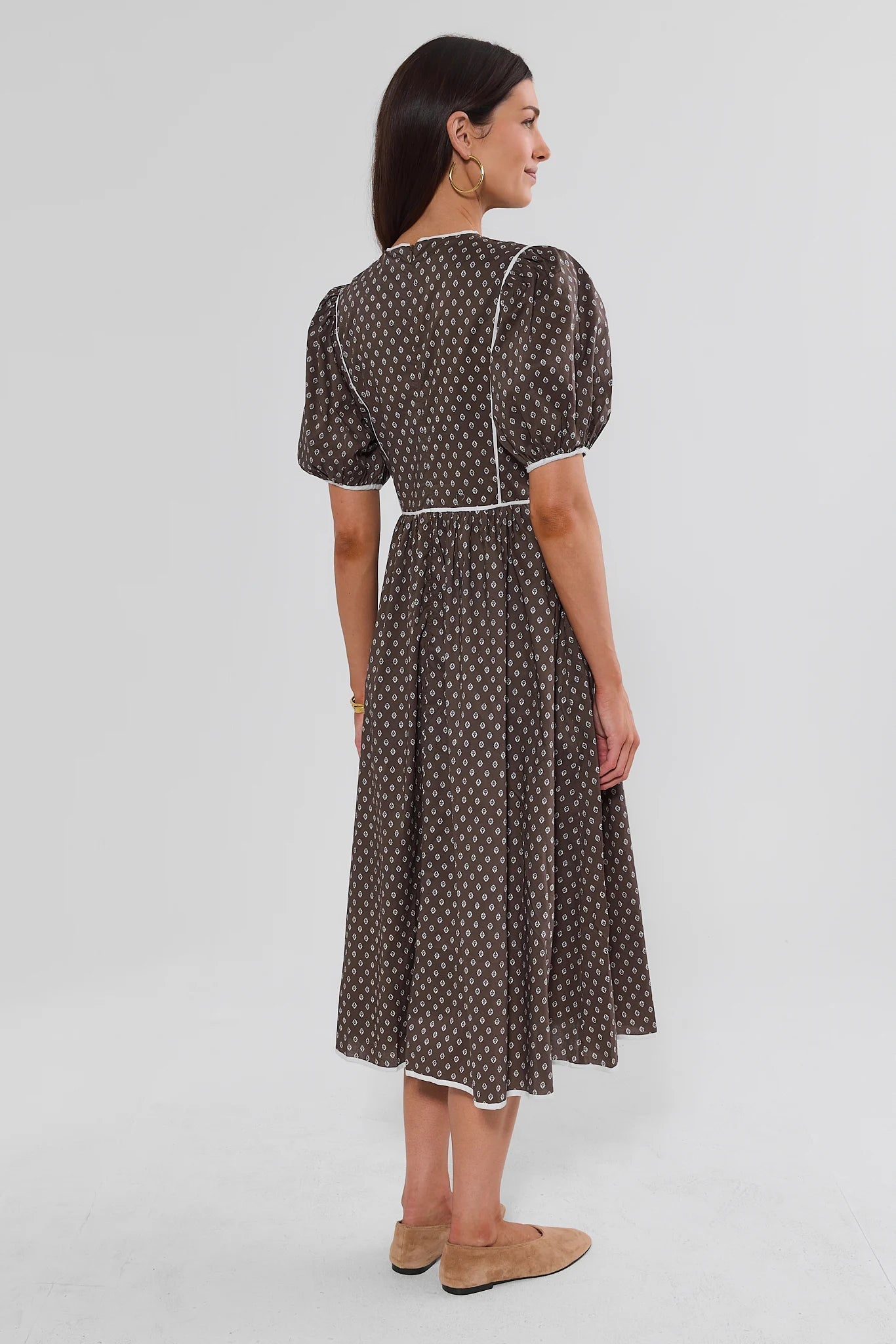 Brown Printed Contrast Trim Midi Dress