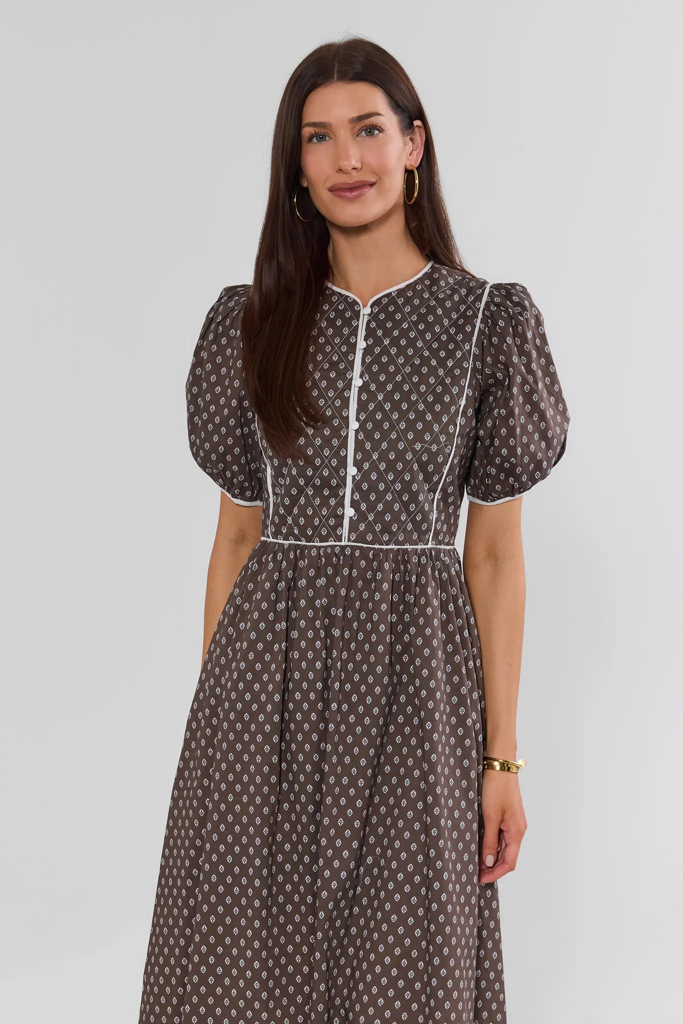 Brown Printed Contrast Trim Midi Dress