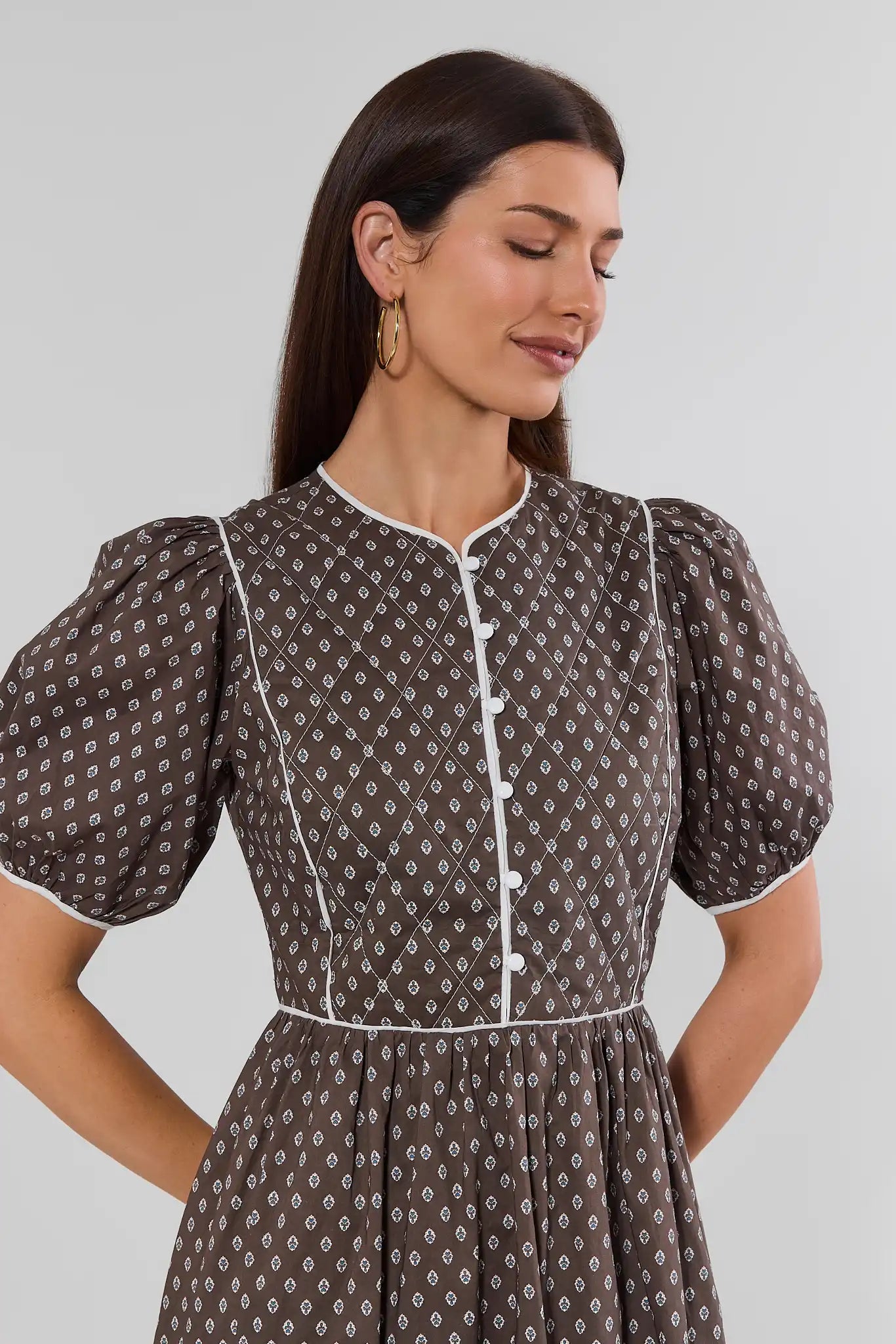 Brown Printed Contrast Trim Midi Dress