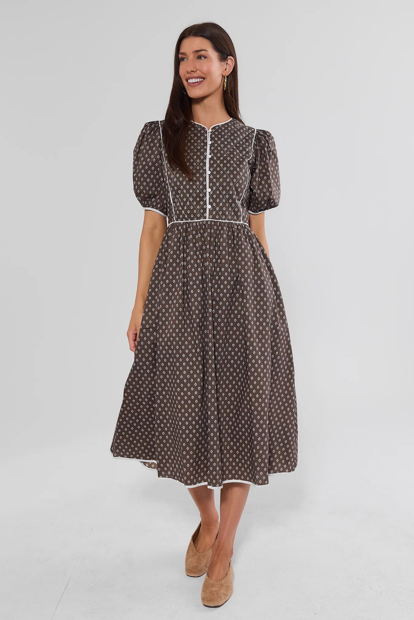Brown Printed Contrast Trim Midi Dress