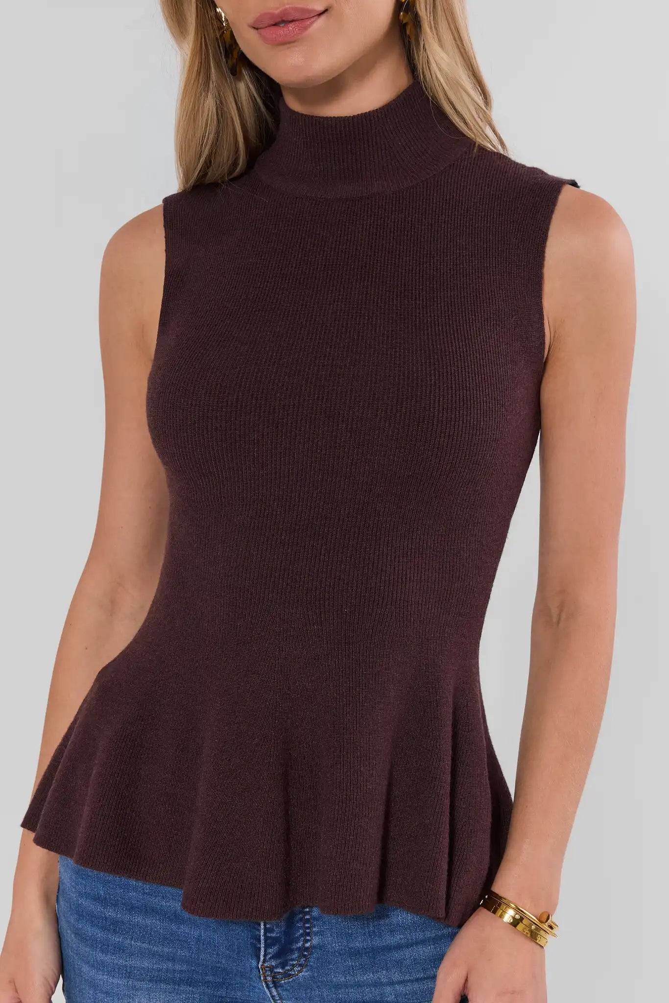 Brown Knit Sleeveless Turtleneck Top