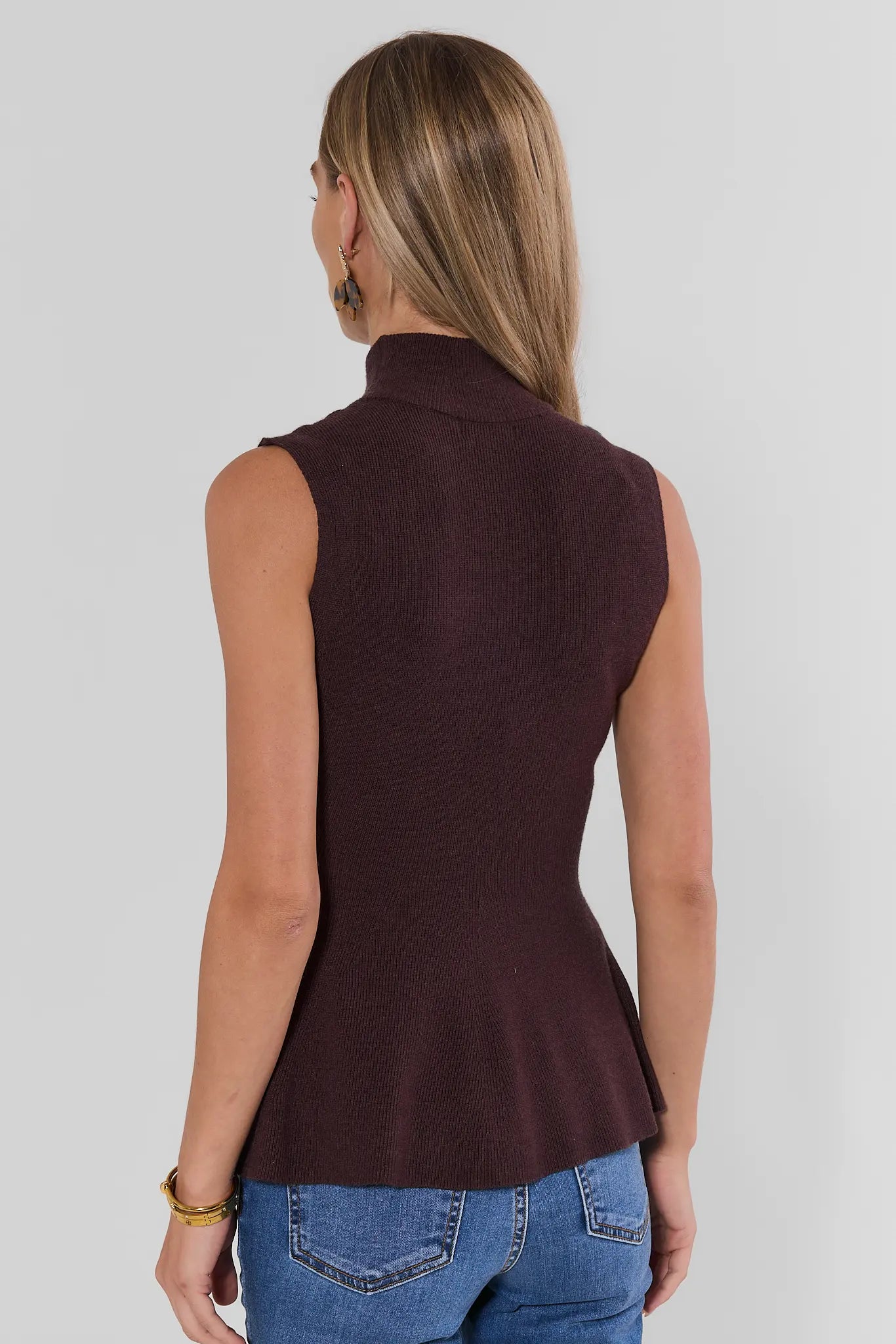 Brown Knit Sleeveless Turtleneck Top