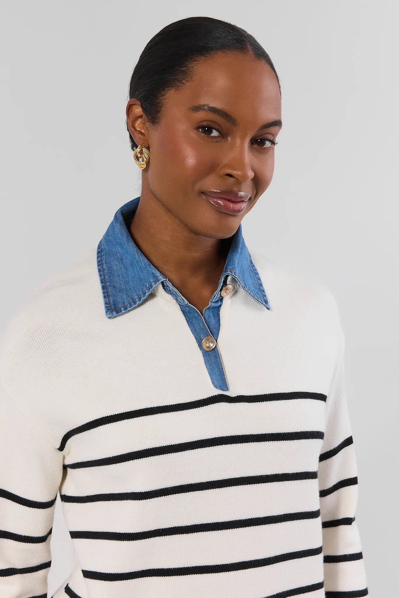 White Striped Denim Trim Sweater