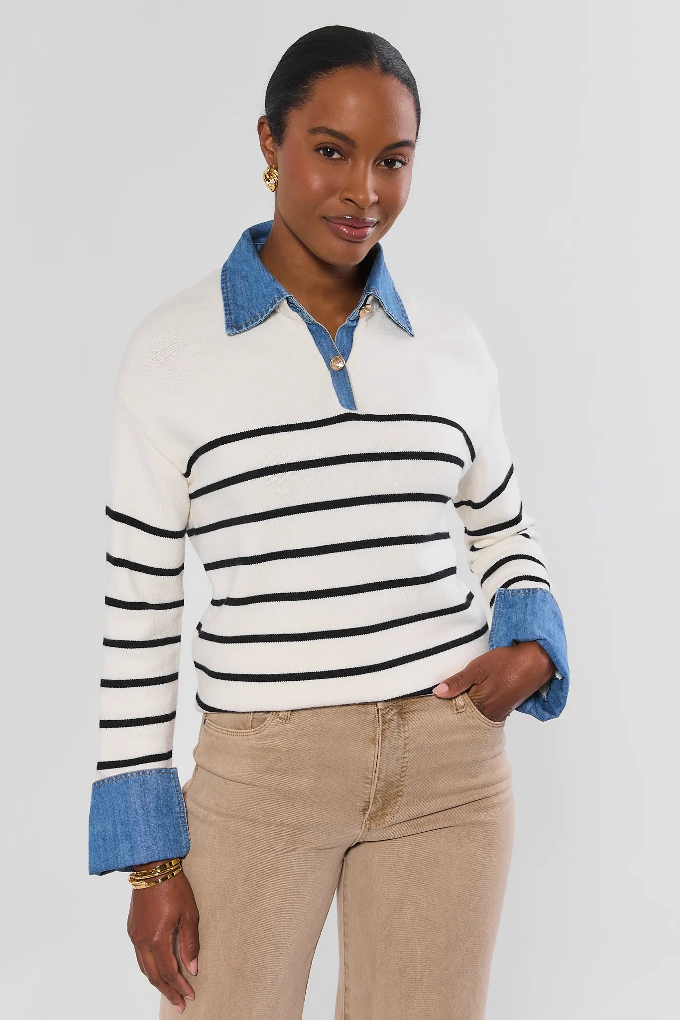 White Striped Denim Trim Sweater